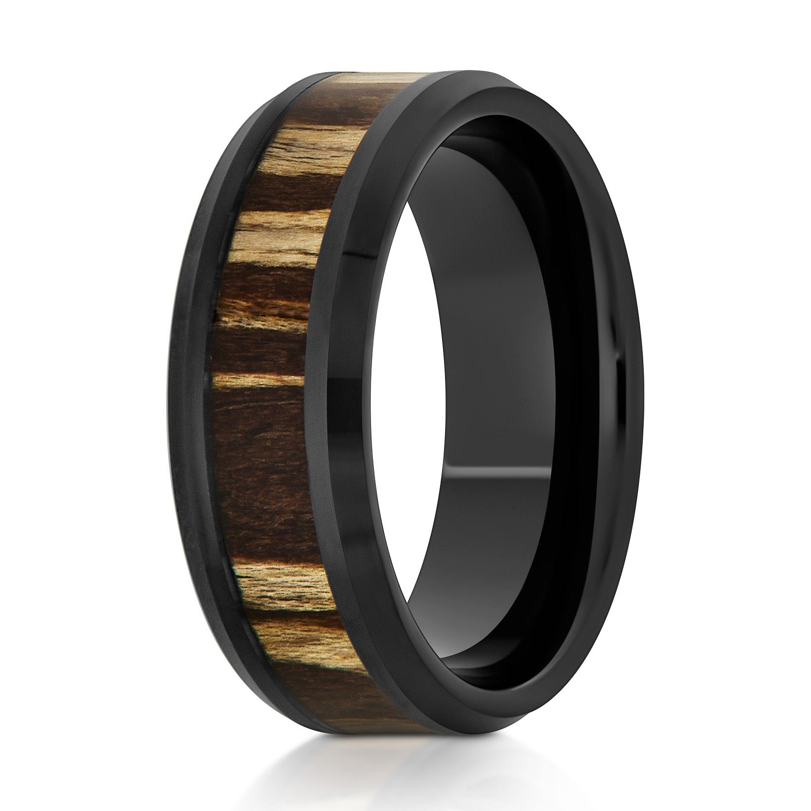The Outlander, a 8mm black tungsten ring with a polished finish and a zebra wood inlay.