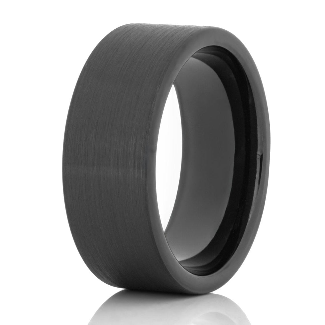 The Overlord, a 9mm black tungsten carbide ring that features a brushed finish and polished edges.