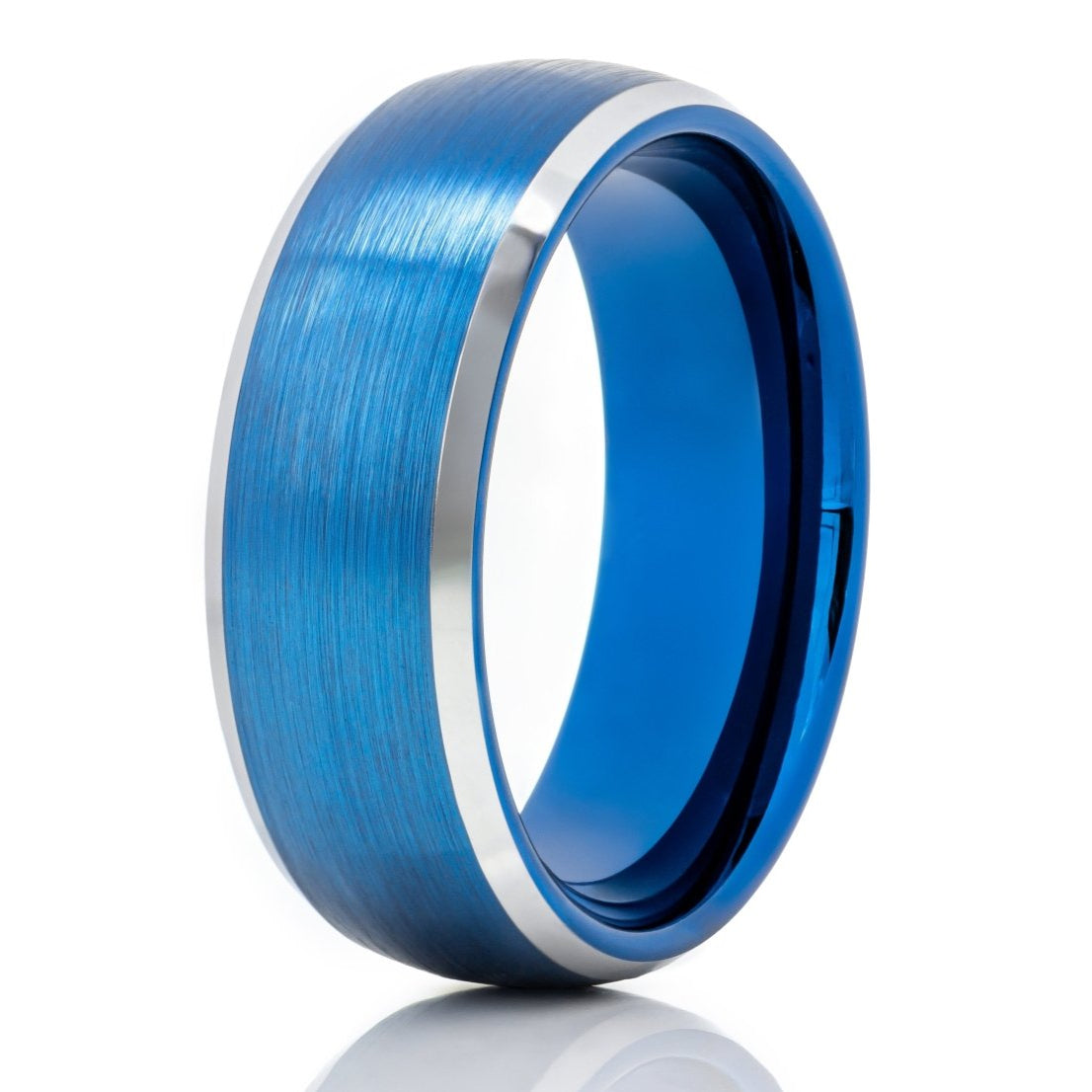 The Palouse, a 8mm blue tungsten carbide ring with a brushed finish and sleek, silver polished edges.