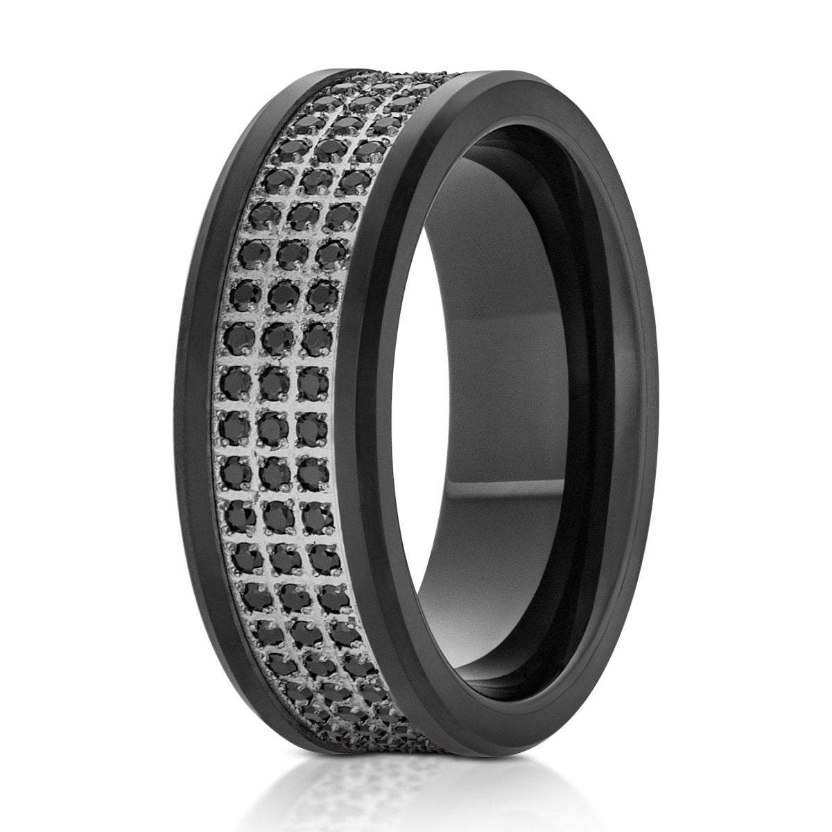 The Paragon, a 8mm black tungsten ring with a polished finish, a silver center and 3 rows of black CZ diamonds in the center.