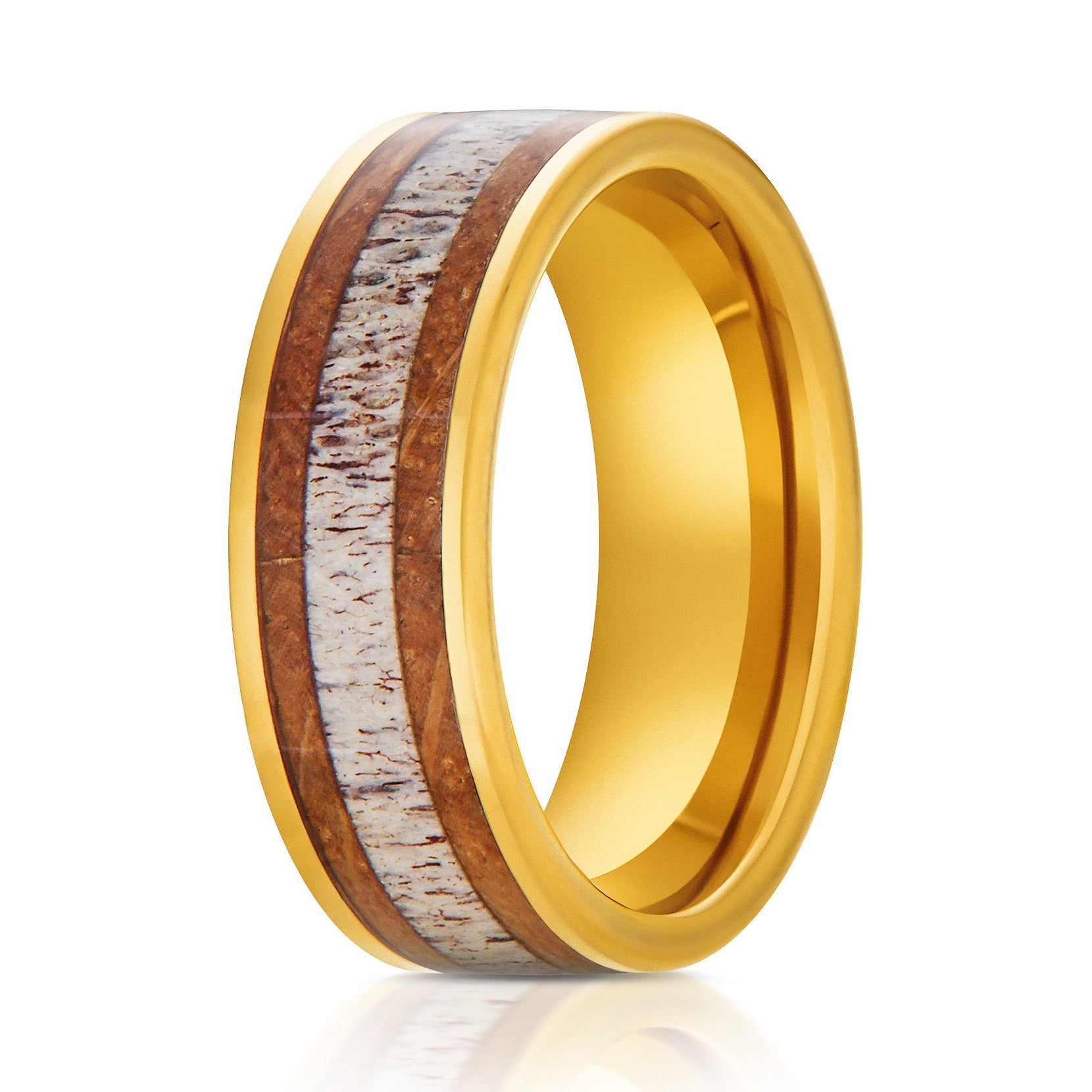 The Pathfinder, a 8mm gold tungsten ring with a polished finish that features a whiskey barrel wood inlay paired with a deer antler inlay in the center.