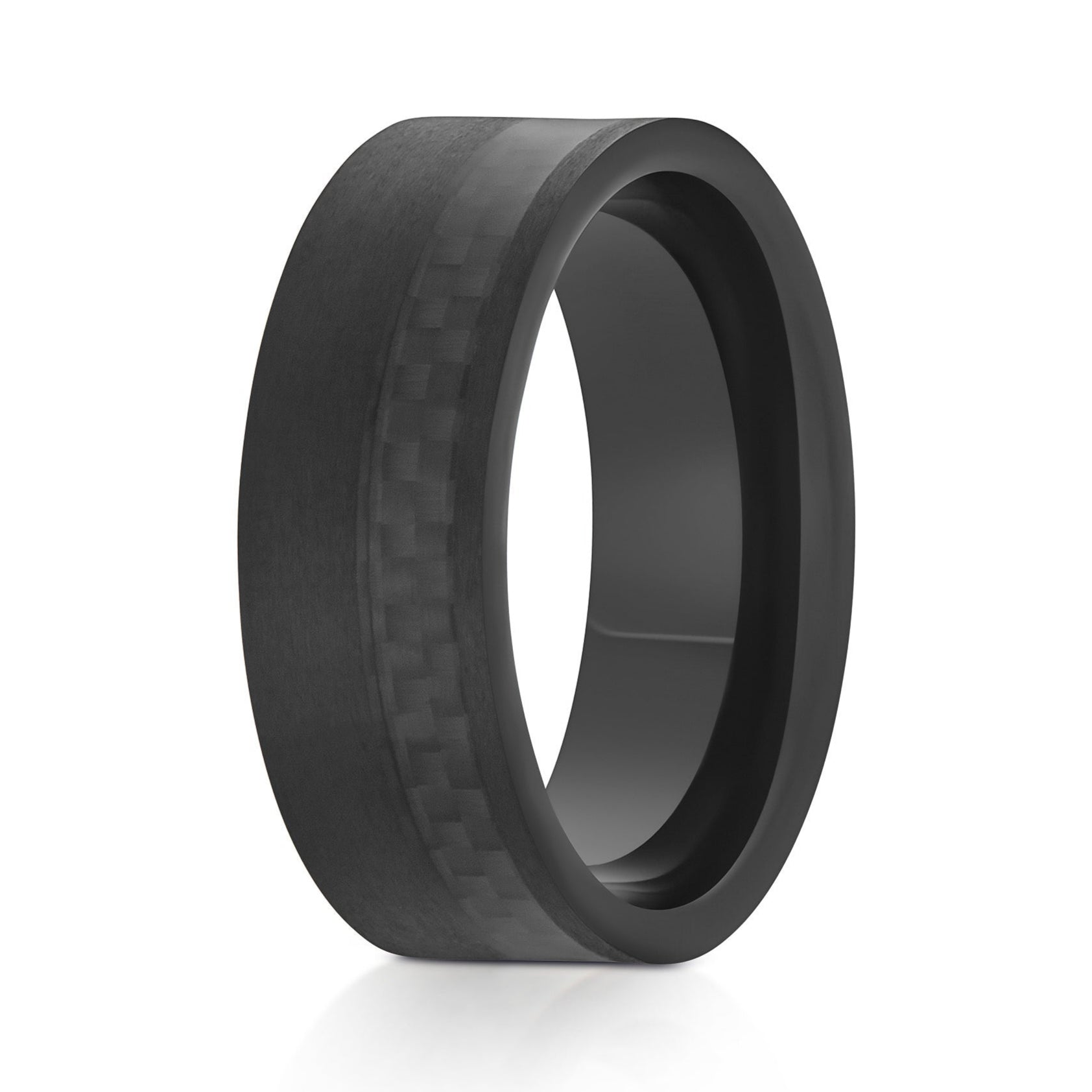 The Phantom, a 8mm black tungsten ring with a brushed finish and a black carbon fiber inlay.