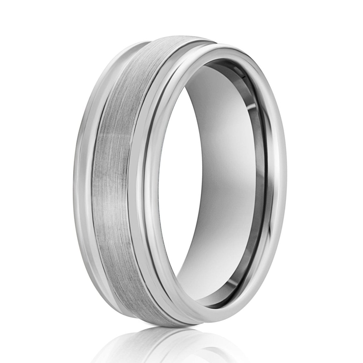 The Pinnacle, a 8mm silver tungsten ring with a brushed center and sleek, polished edges.