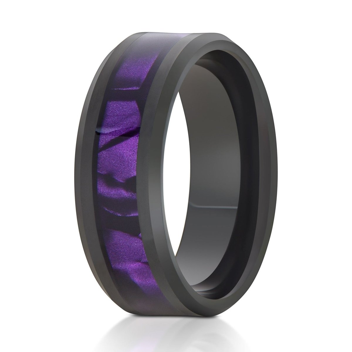 The Prestige, a 8mm black tungsten ring with a polished finish and a faux purple tiger cowrie inlay in the center.