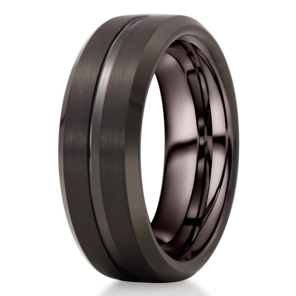 The Prompt, a 8mm black tungsten carbide scratch-resistant ring with a brushed finish center and polished edges and center groove.