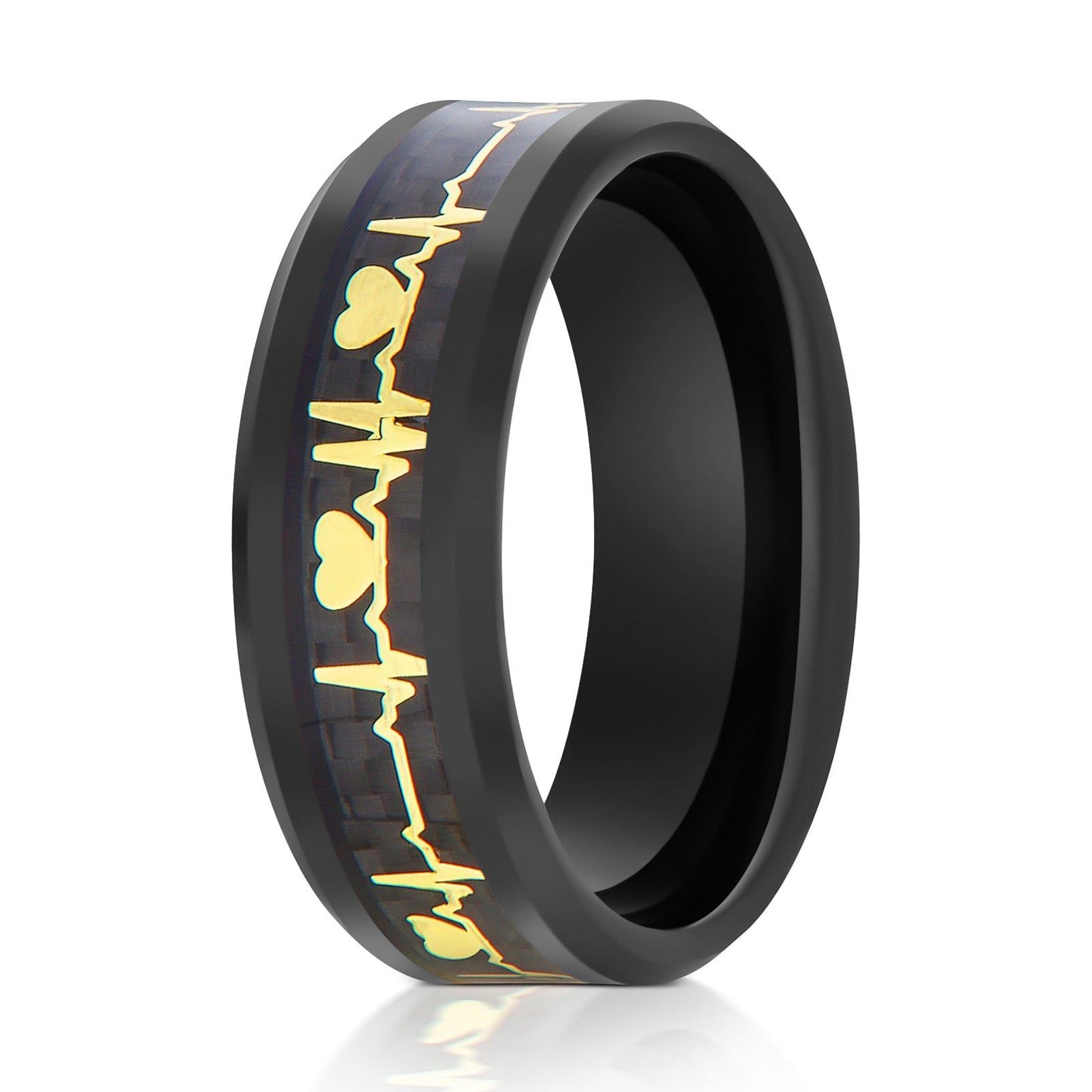 The Pulse, a 8mm black tungsten ring with a polished finish and a yellow heartbeat cut-out inlay in the center.