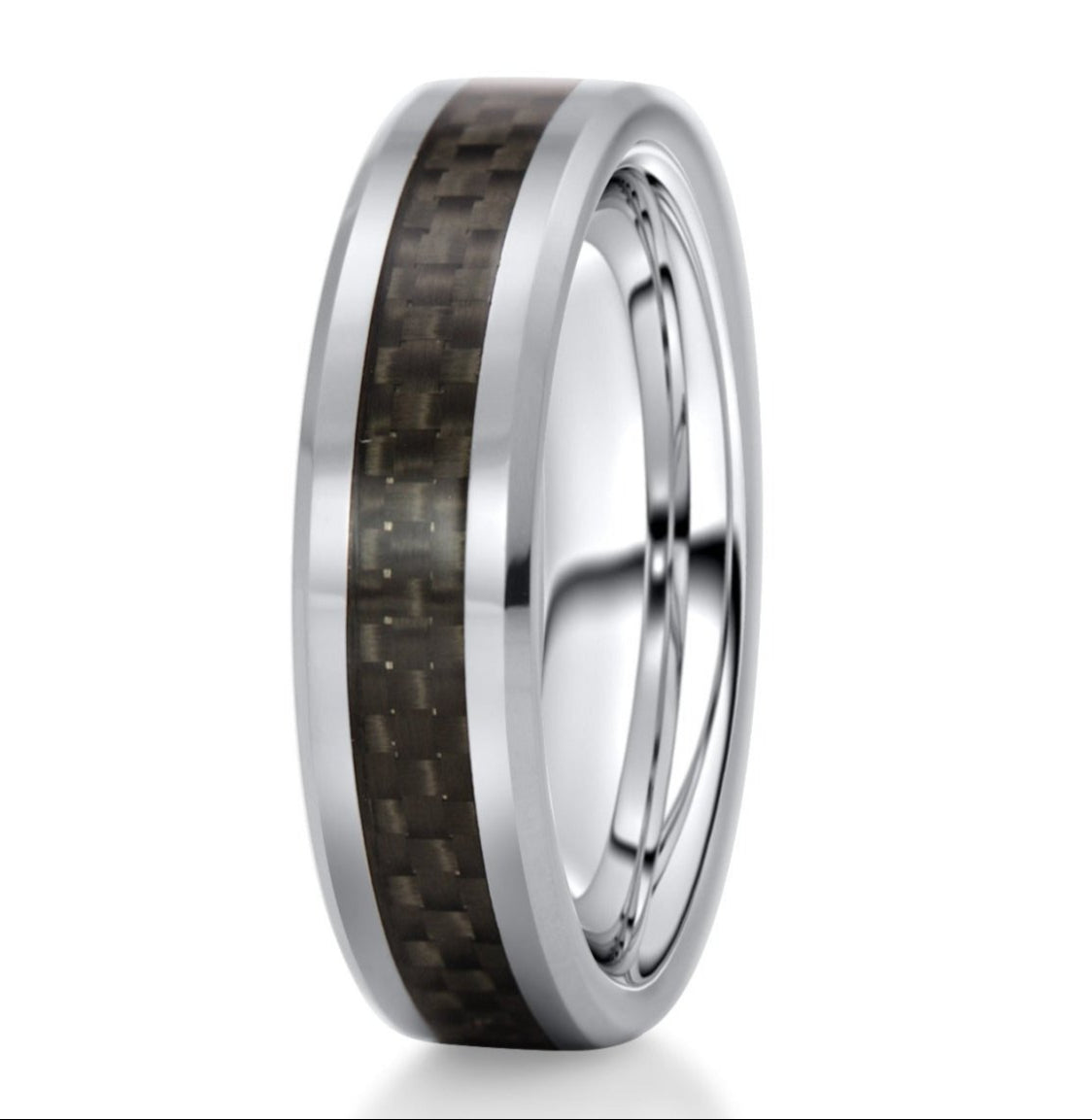 The Punctual, a 6mm silver tungsten scratch-resistant ring that features a sleek, polished finish and a black carbon fiber inlay.
