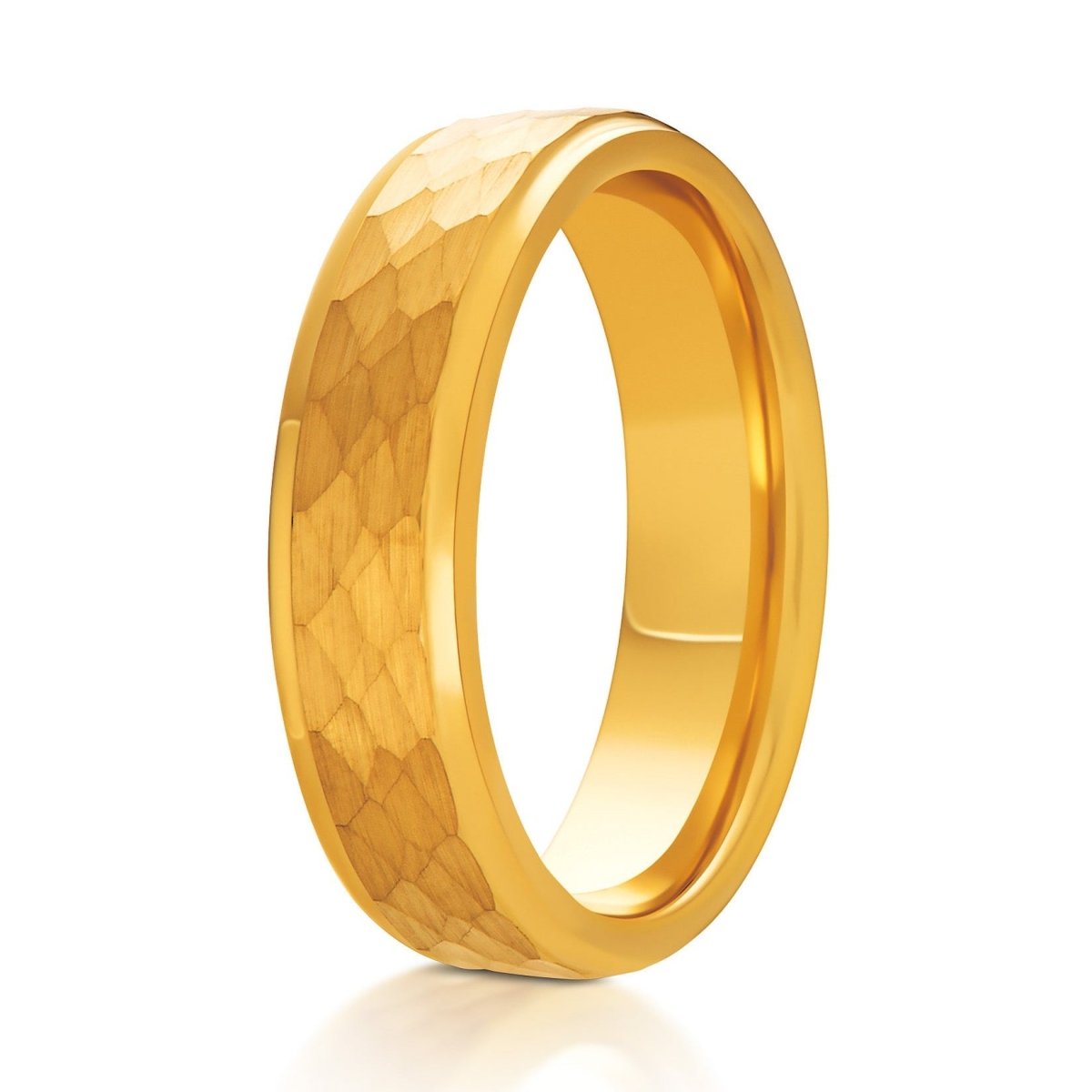 The Rampart, a 6mm gold tungsten ring with a hammered and brushed finish in the center with polished, stepped edges.