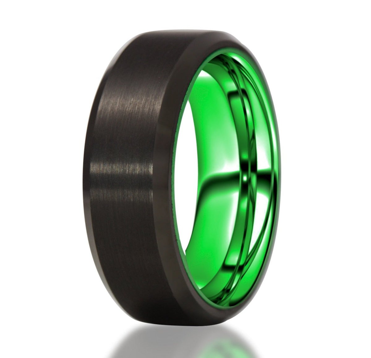 The Rattler, a black tungsten ring with a brushed center and polished edges that features a green, aluminum inner sleeve.