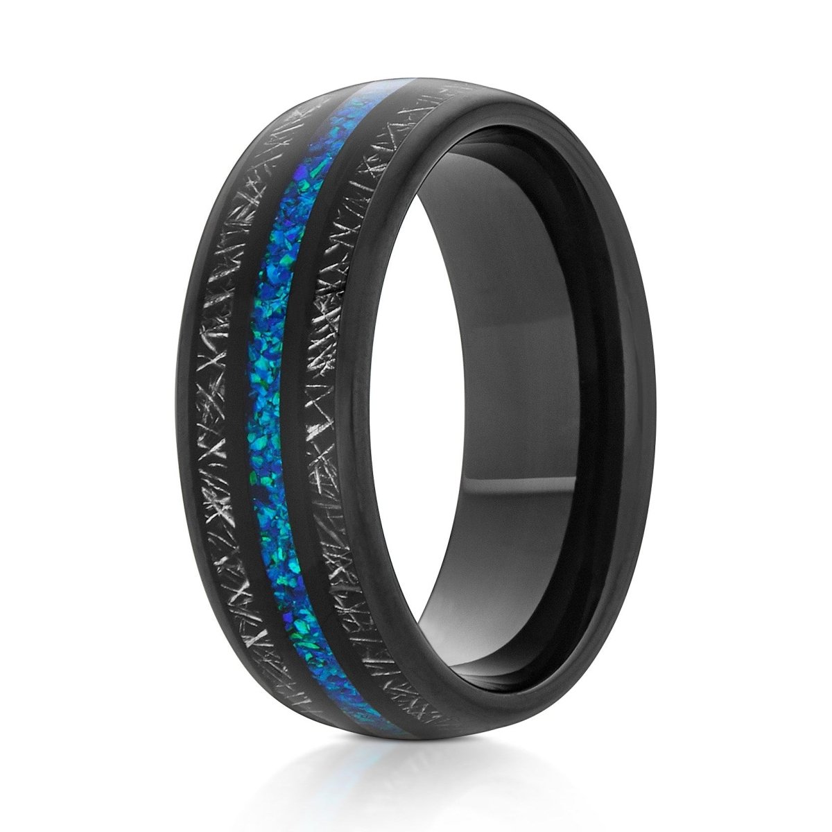 The Reactor, a 8mm domed black tungsten ring with a polished finish and titanium shavings inlay and a blue opal inlay in the center.