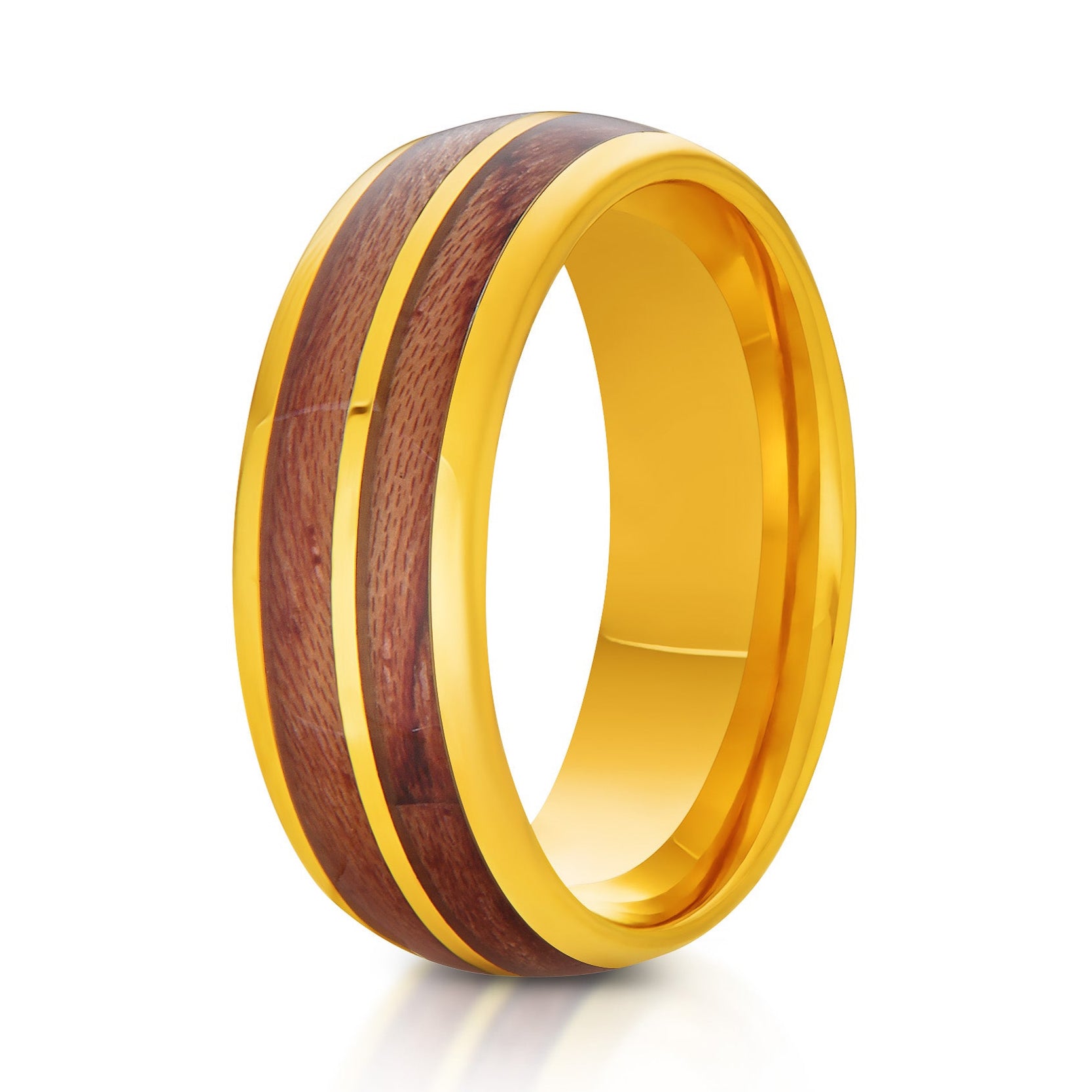 The Redwood, a 8mm gold tungsten ring with a polished finish and a split koa wood inlay in the center.