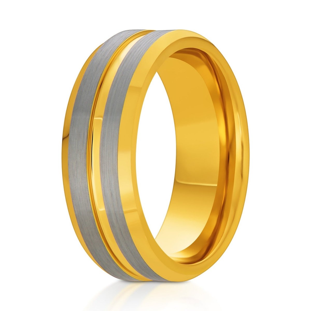 The Regal, a 8mm gold tungsten ring with a polished finish and a brushed silver center.