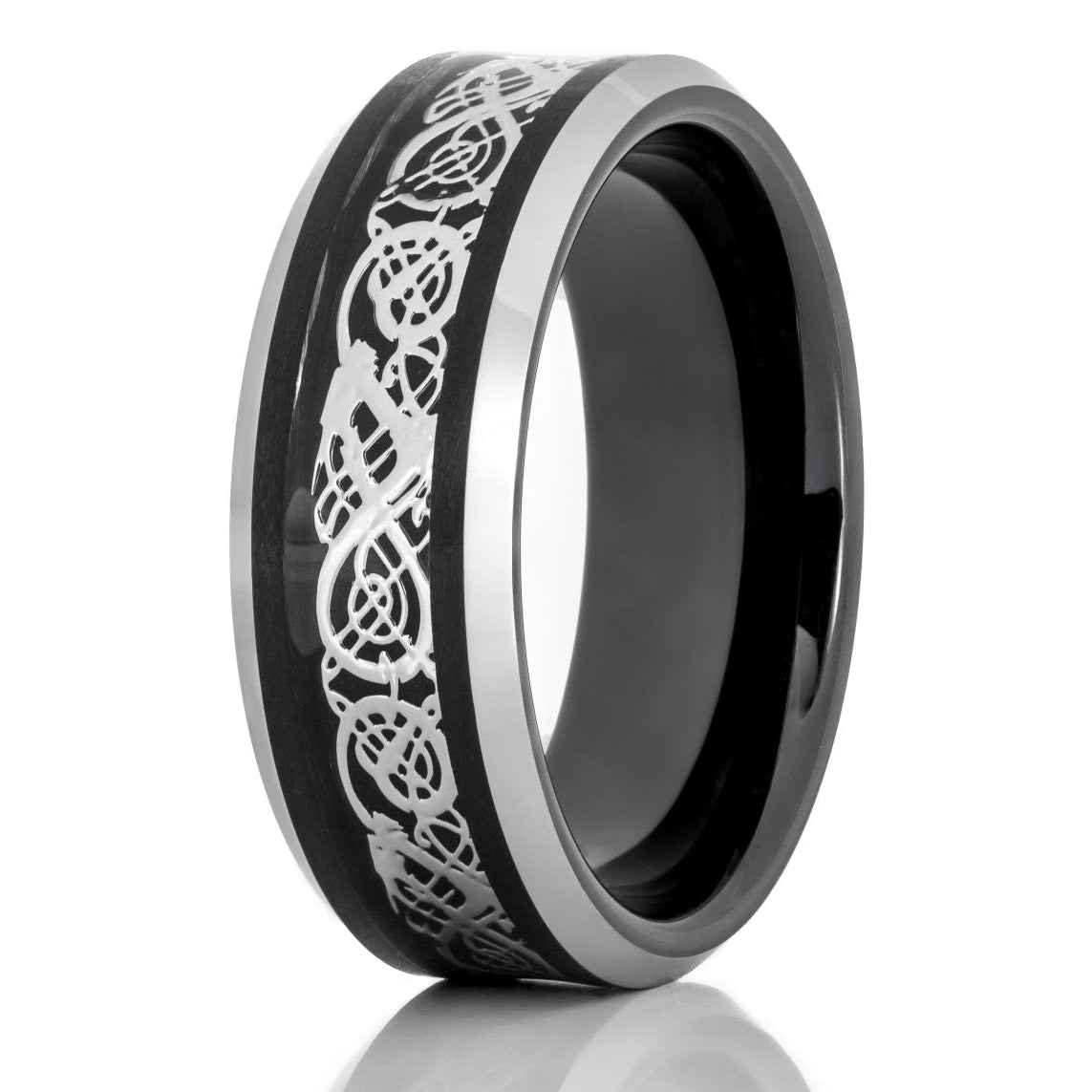 The Revival, a black and silver tungsten carbide scratch-resistant ring that features a polished finish and Celtic inlay.