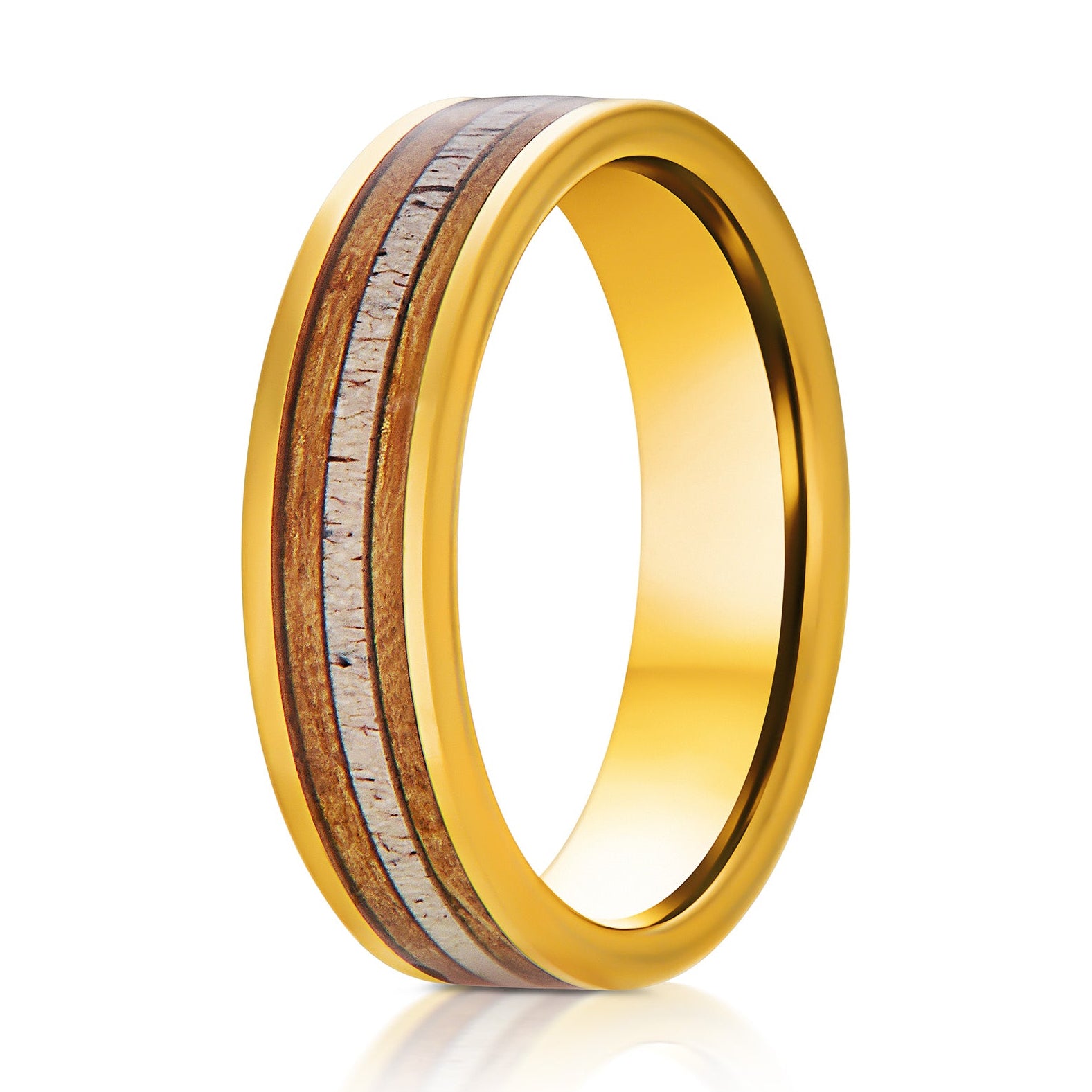The Ridgewalker, a 6mm gold tungsten ring with a polished finish that features a whiskey barrel wood and deer antler inlay in the center.