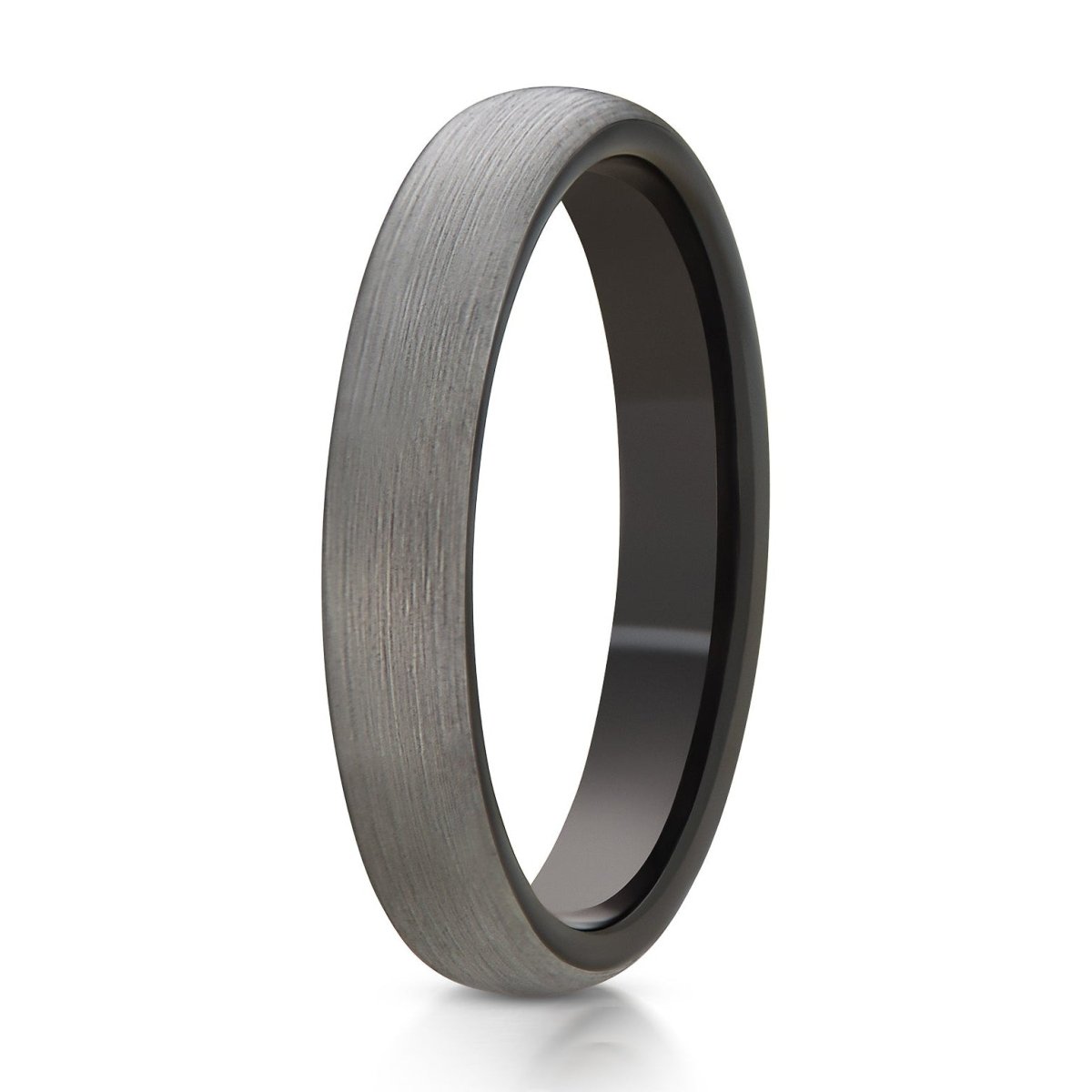 The Rift, a 4mm domed style tungsten ring with a gray brushed finish and black band.