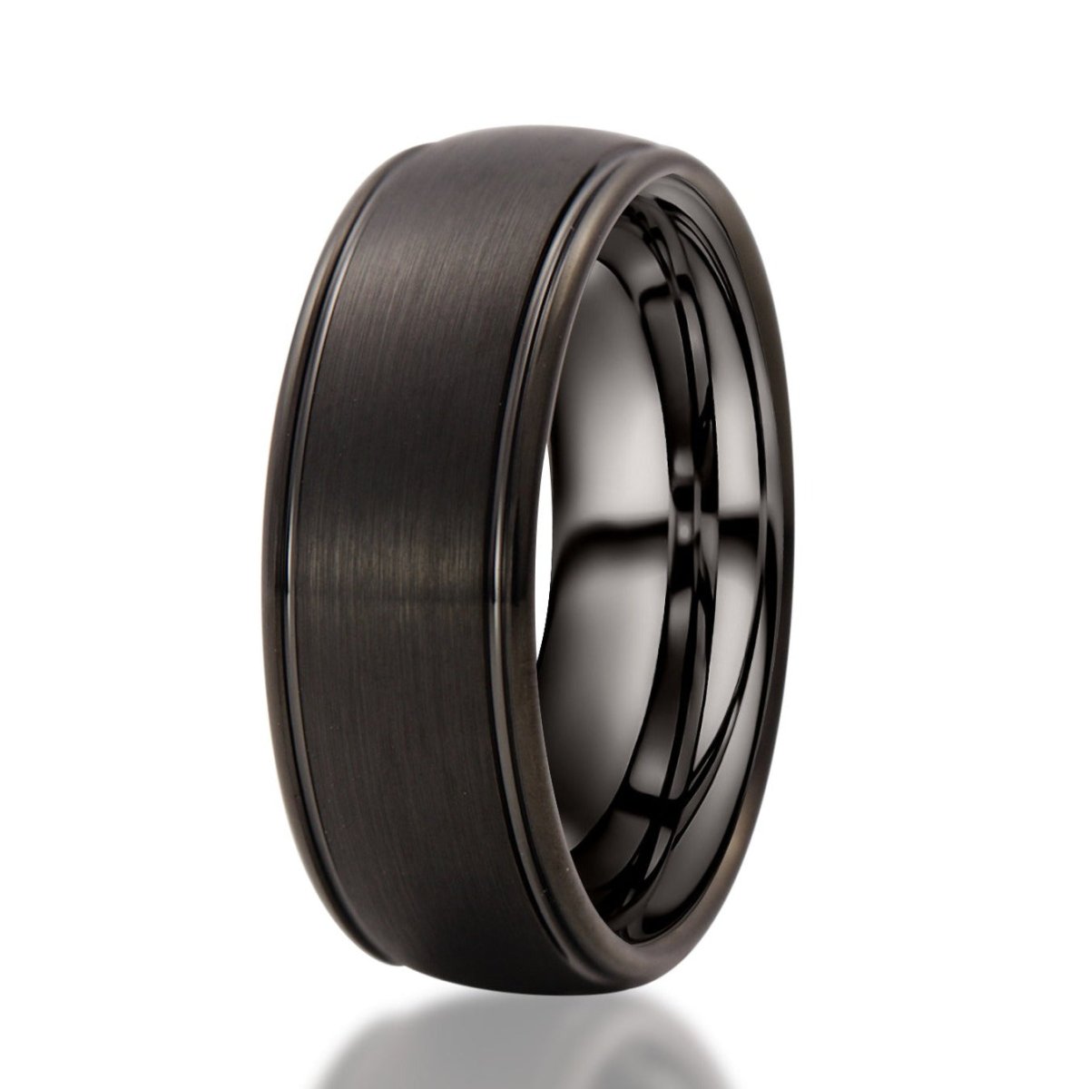 The Rock Star, a black tungsten ring with a brushed center and polished edges.
