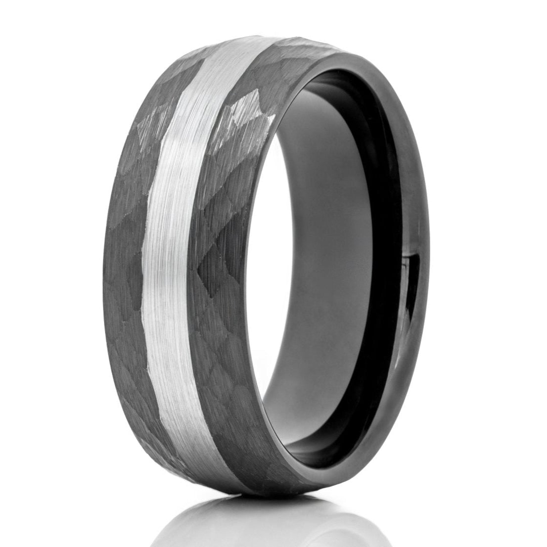 The Rocket, a black tungsten carbide ring with a hammered and brushed finish and a silver brushed center.