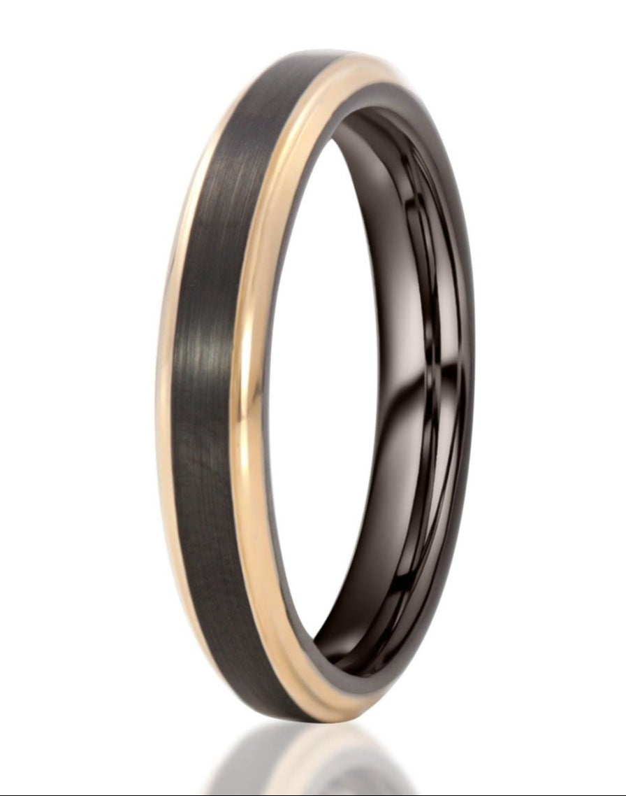 The Roseal, a 4mm black and rose gold tungsten band that features a black brushed center and band and rose gold polished edges.