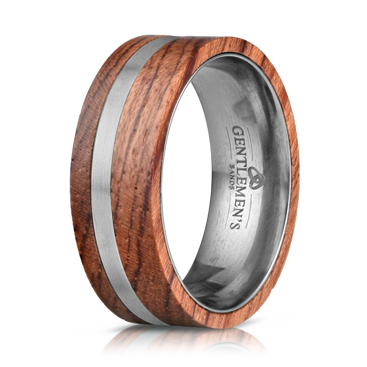 A rosewood wedding band with a silver titanium inlay, showing a smooth, polished finish and the Gentleman's Bands logo inside the ring.