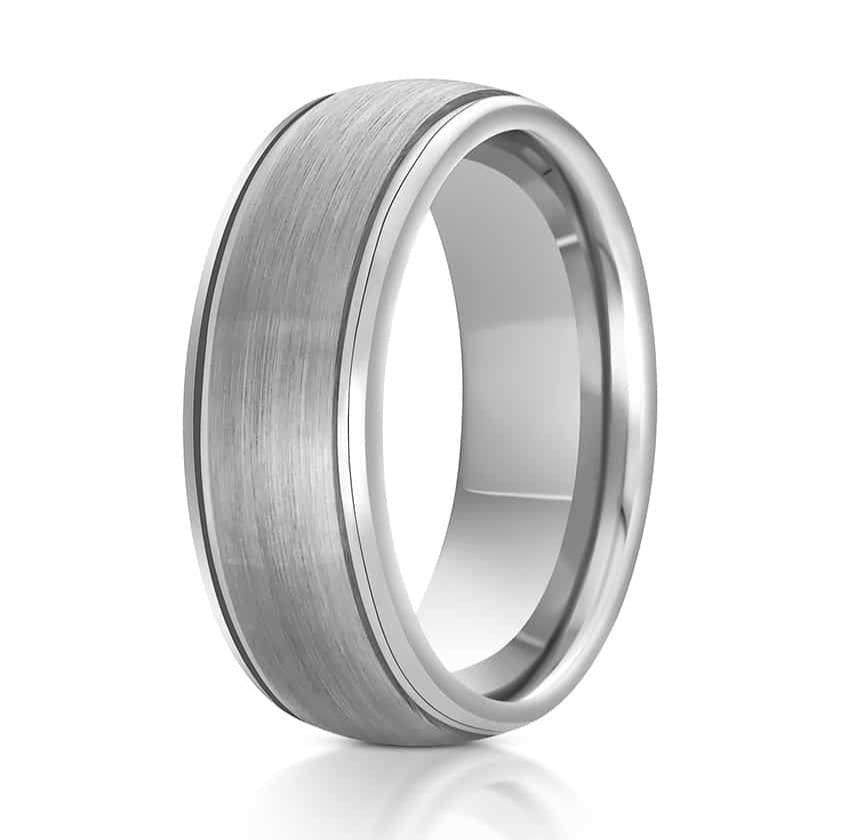 The Rye, a silver tungsten carbide ring with a brushed finish center and polished beveled edges.