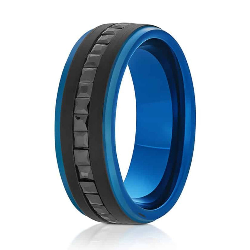 The Samoa, a black tungsten carbide ring with a brushed finish, blue polished edges and band, and black CZ diamonds.