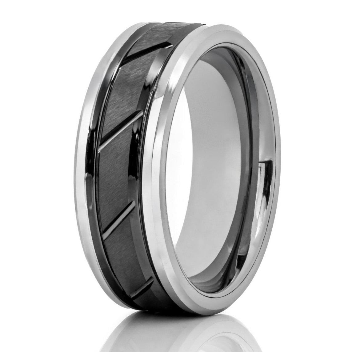 The San Gabriel, a silver and black tungsten carbide scratch-resistant ring that features a brushed and grooved center and polished silver edges.