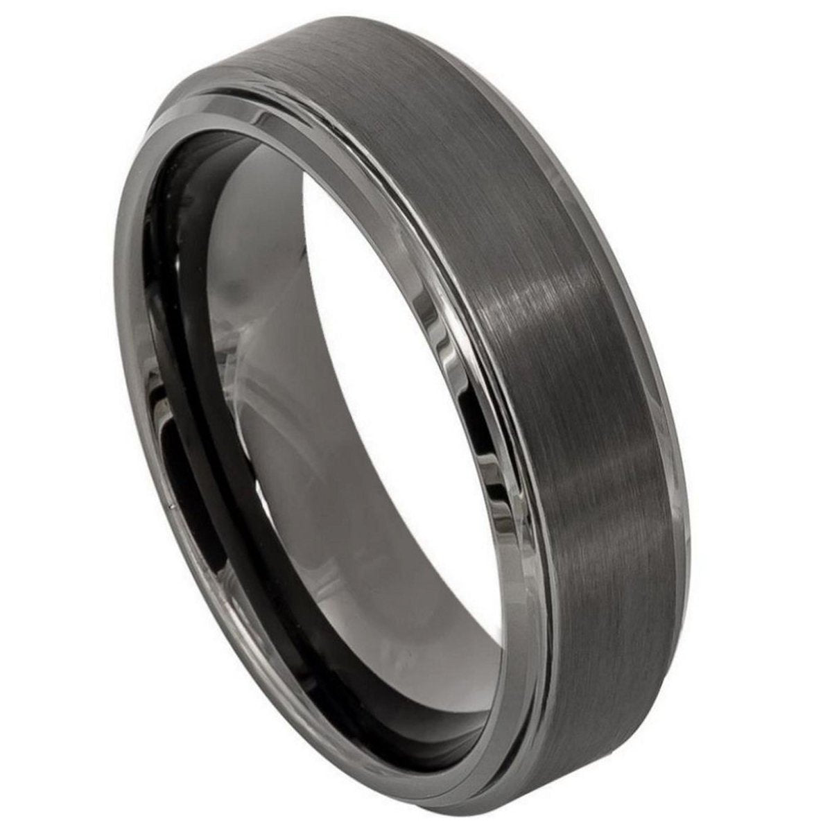 The Shadowstep, a 6mm gray tungsten ring with a brushed center and polished beveled and stepped edges.