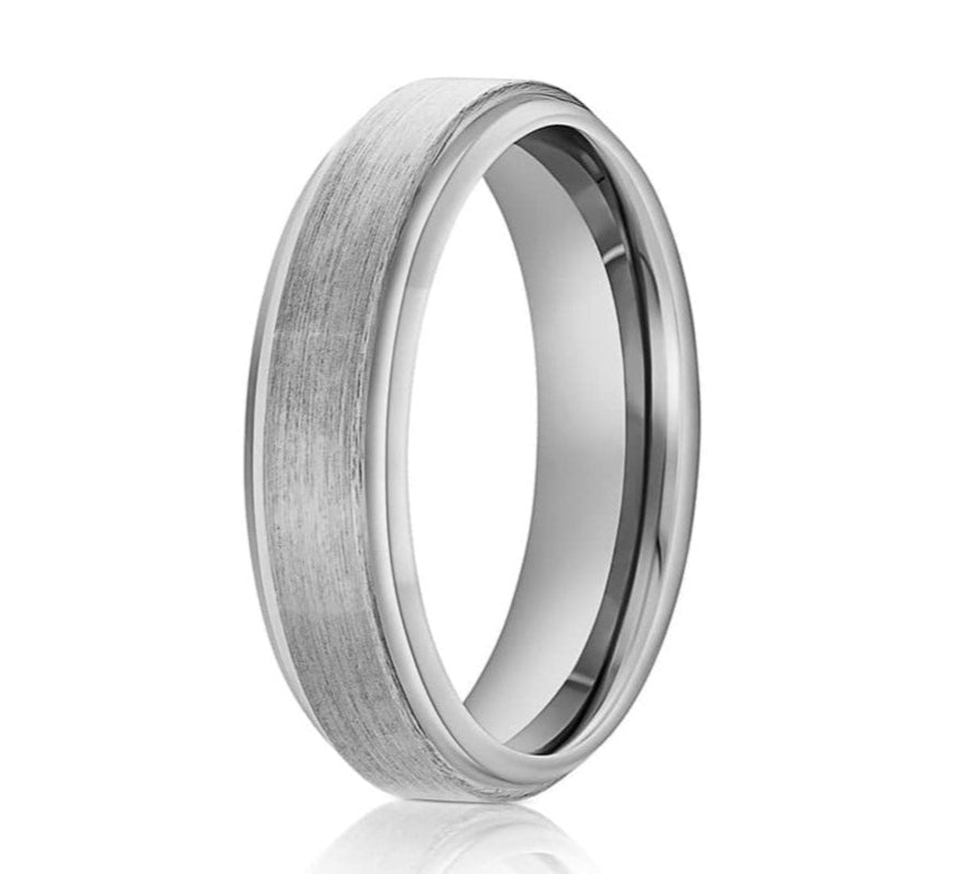 The Sharptail, scratch resistant wedding band with brushed and polished finish on white background.