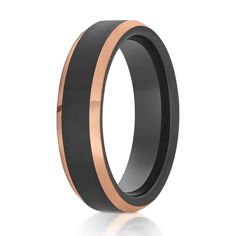 The Shiner, a 6mm black and rose gold tungsten carbide scratch-resistant ring that features a black brushed center and band and rose gold polished edges.