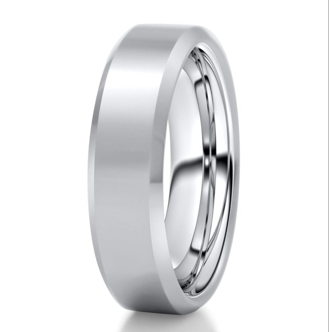 The Shinier, a silver tungsten carbide ring that features a polished finish