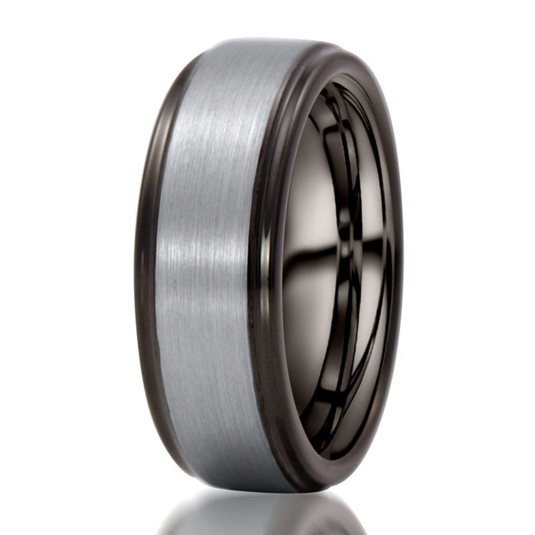 The Sierra Nevada, a black tungsten carbide scratch-resistant ring with a gray, brushed center and polished edges.