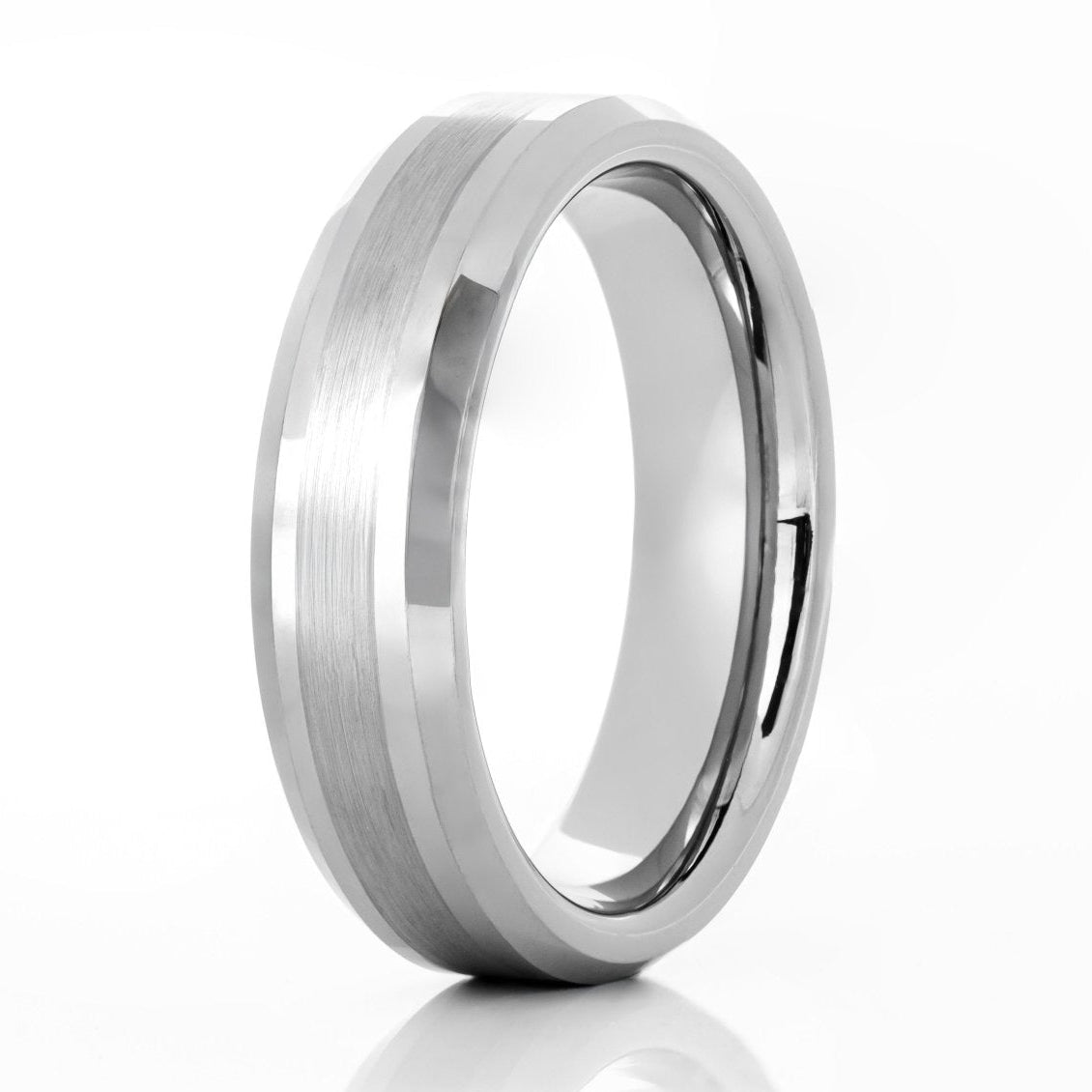 The Silver Fox, a silver tungsten carbide scratch-resistant 6mm ring that features a brushed center and sleek, polished edges.
