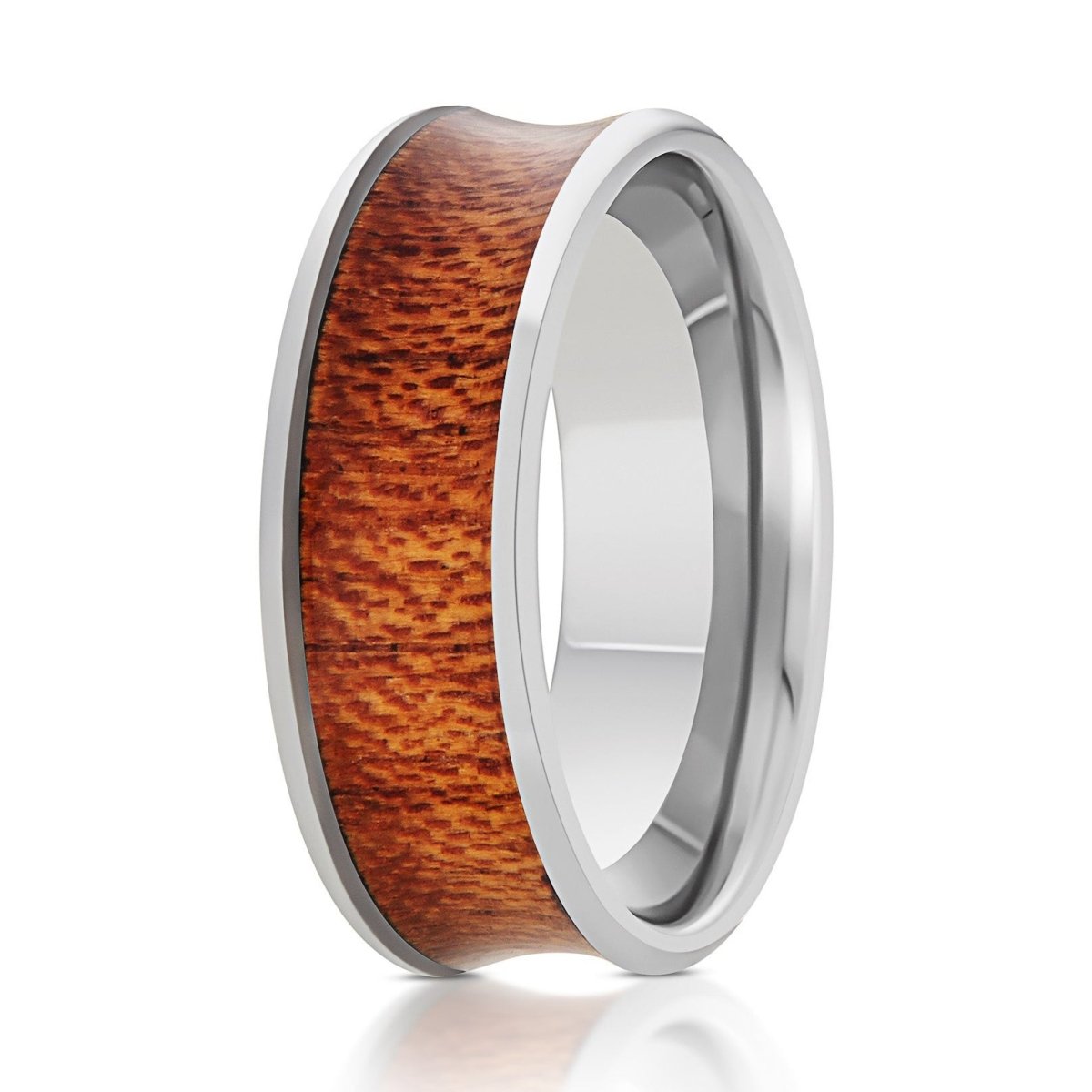 The Silver Rose, a 8mm silver tungsten ring with a concave design and a natural rosewood inlay.
