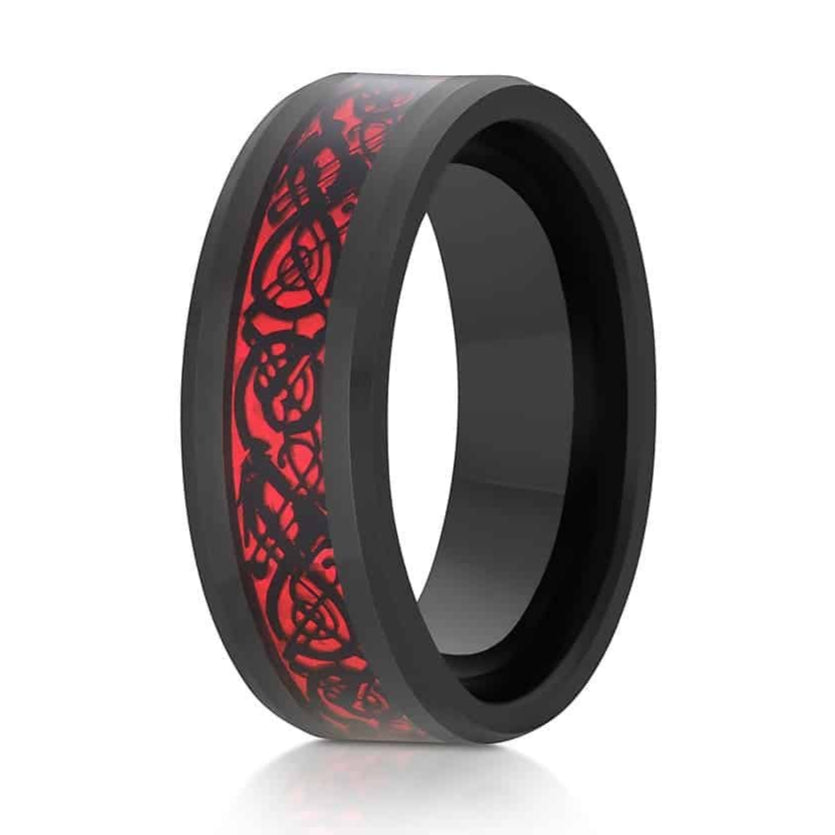 The Sinach, a black tungsten carbide ring that features a polished finish and a black and red Celtic dragon inlay.