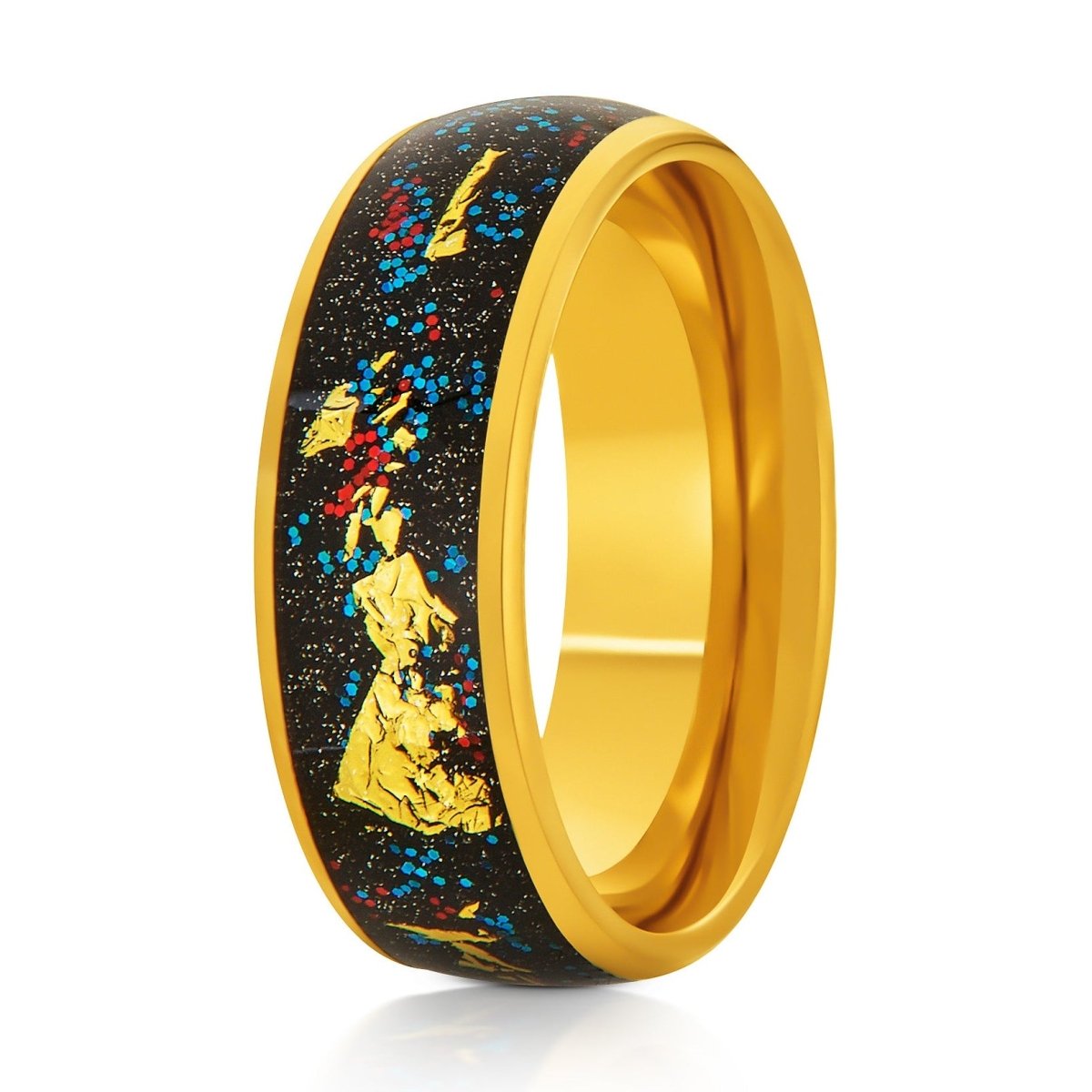 The Solace, a 8mm gold tungsten ring with a polished finish with a black inlay that features blue glitter and gold foil.