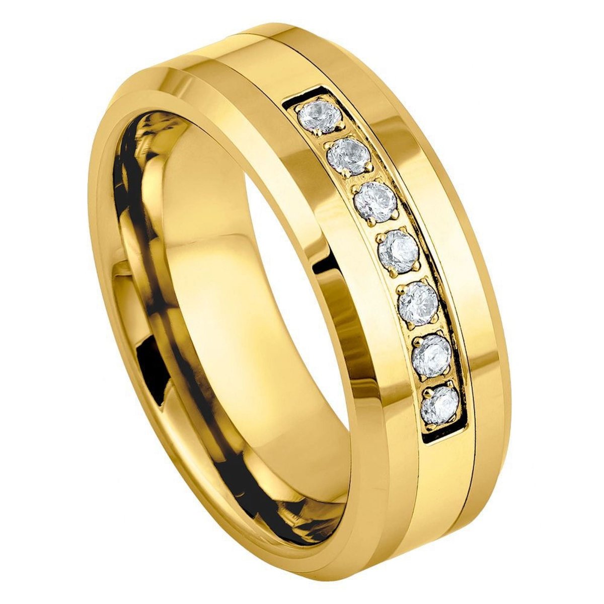 The Solaris, a 8mm gold tungsten ring with a polished finish and 7 CZ diamonds in the center.