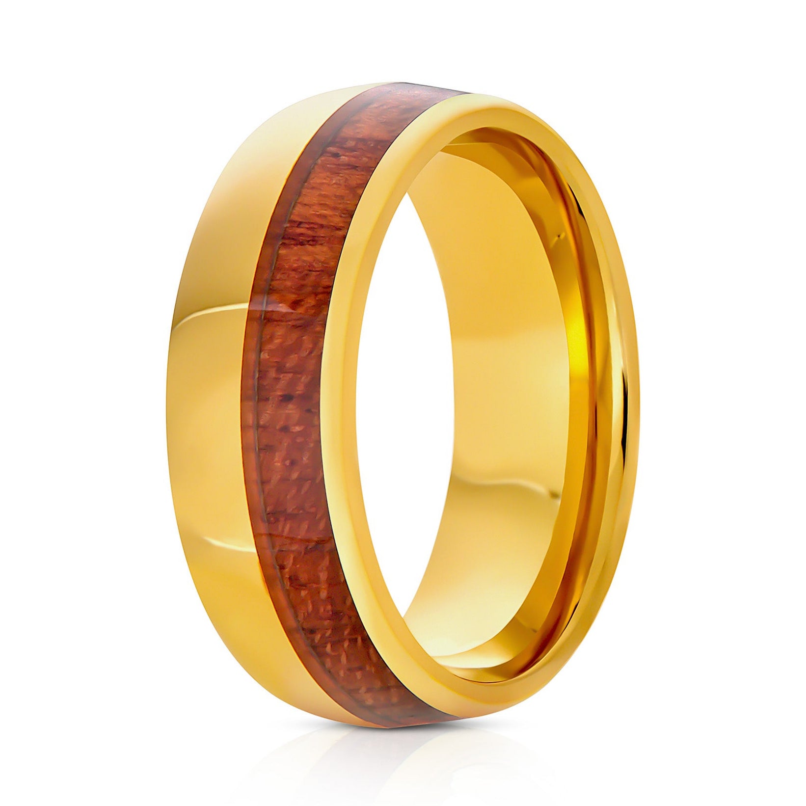 The Solstice, a 8mm gold tungsten ring with a polished finish and koa wood inlay.