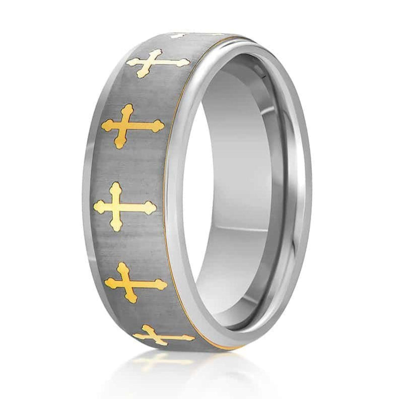 The Sophisticate, a silver tungsten carbide ring with a brushed finish center and polished edges with gold laser engraved crosses.