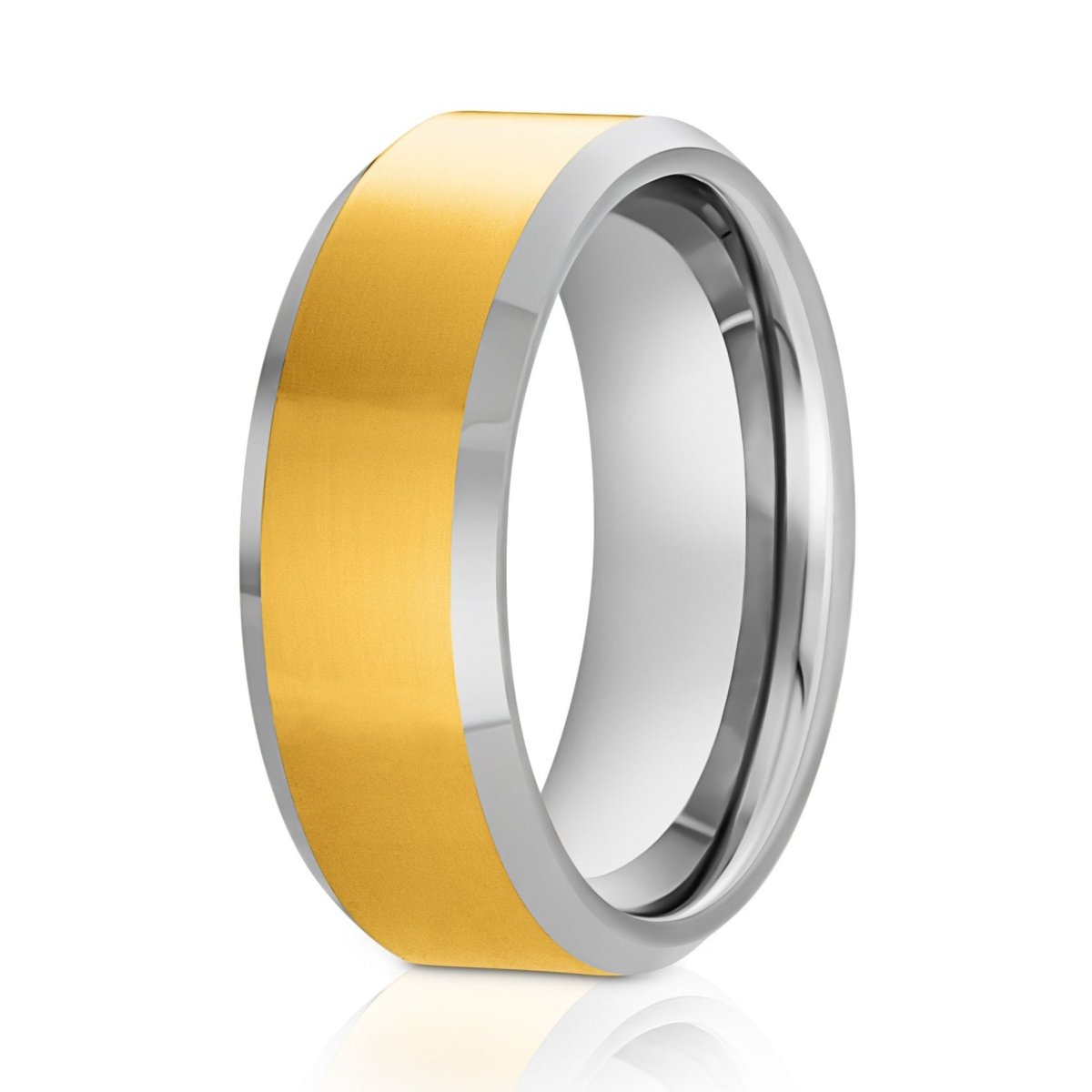 The Sovereign, a 8mm silver and gold tungsten carbide scratch-resistant ring that has a warm gold center and silver edges and band with a polished finish.