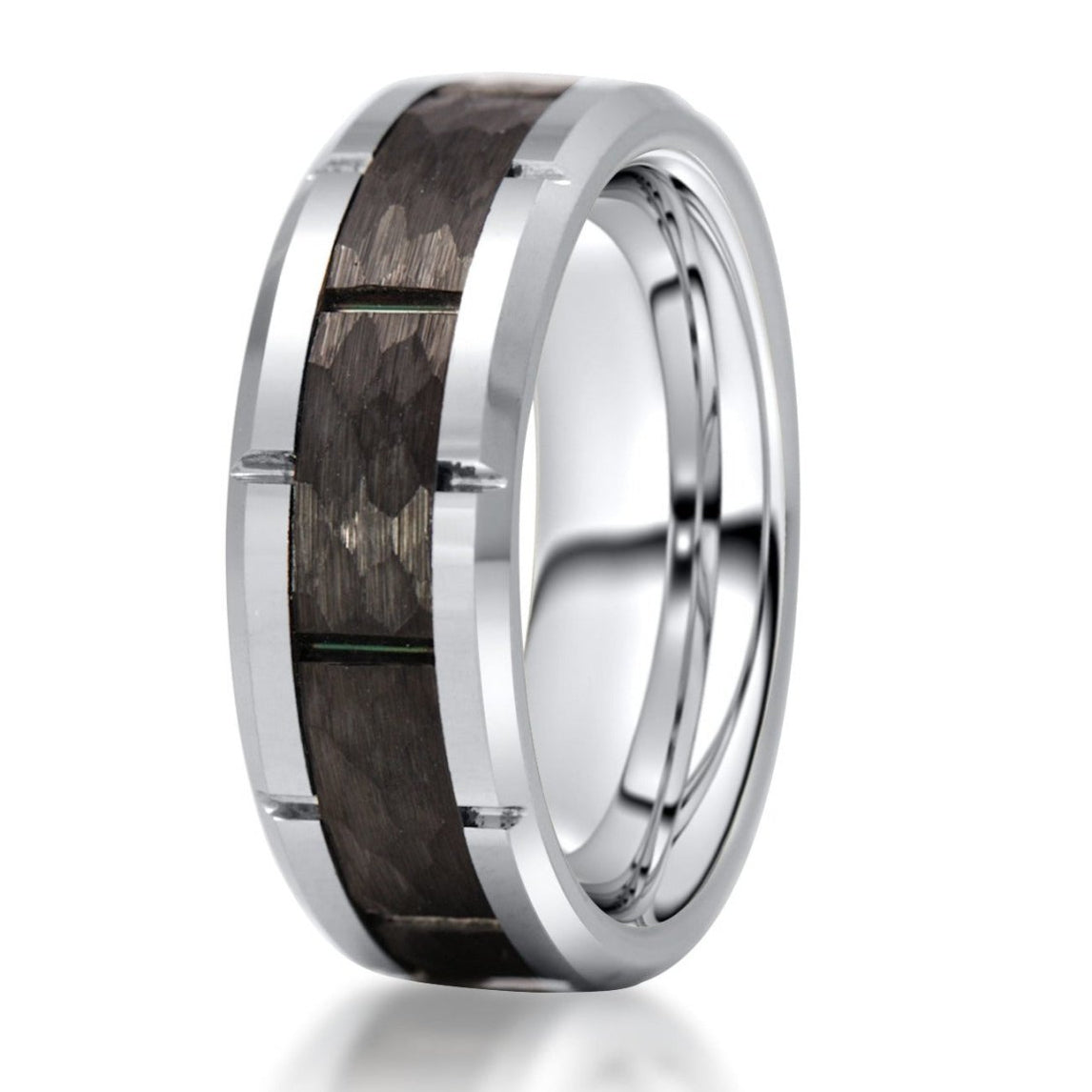 The Spartacus, a 8mm silver tungsten ring with a polished finish that features a hammered and brushed black center.