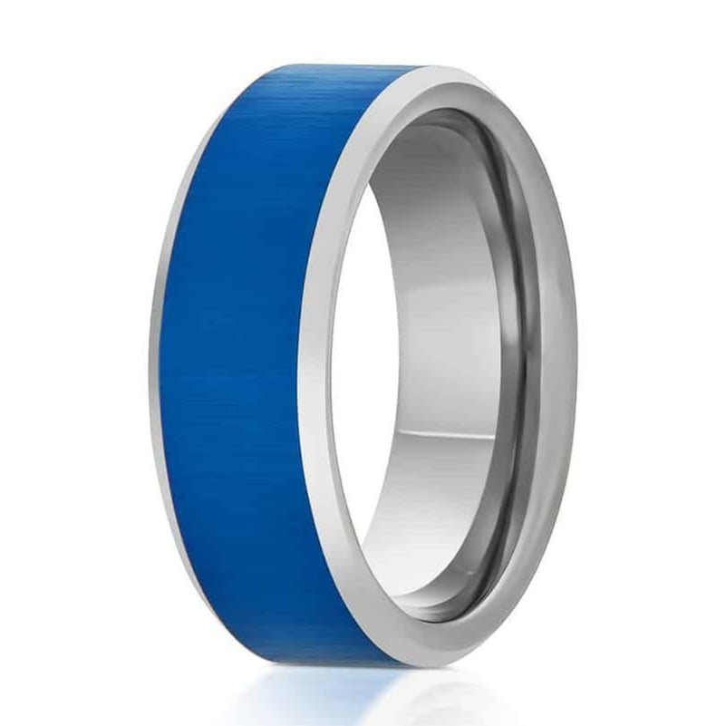 The State, a silver tungsten carbide ring with a polished finish and a brushed, blue center.