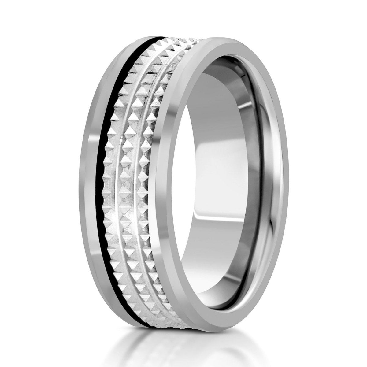 The Steelthorn, a 8mm silver tungsten ring that features a polished finish and a jagged center.