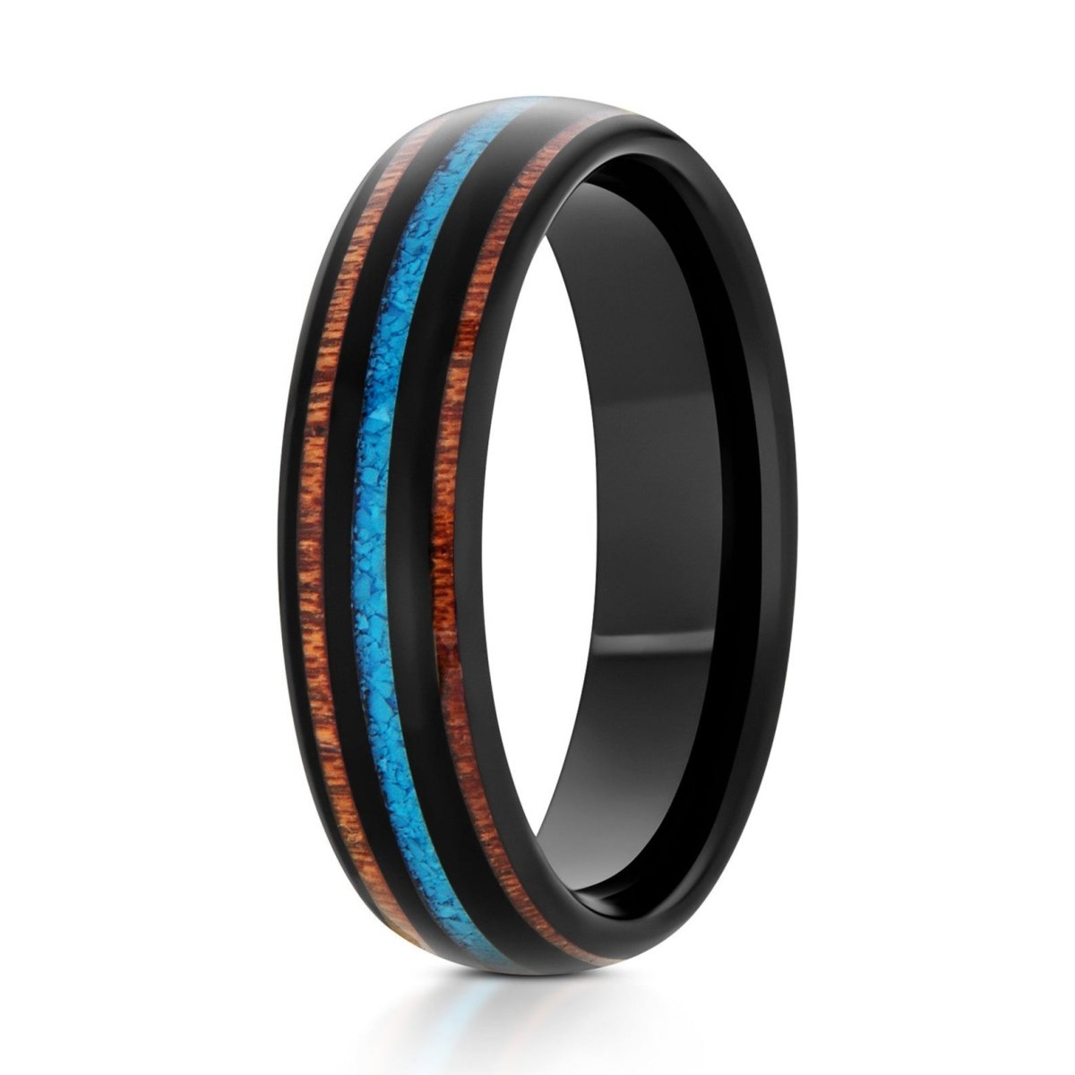 The Storied, a 6mm black tungsten ring with a polished finish that features a double koa wood inlay and a vibrant blue crushed turquoise inlay in the center.