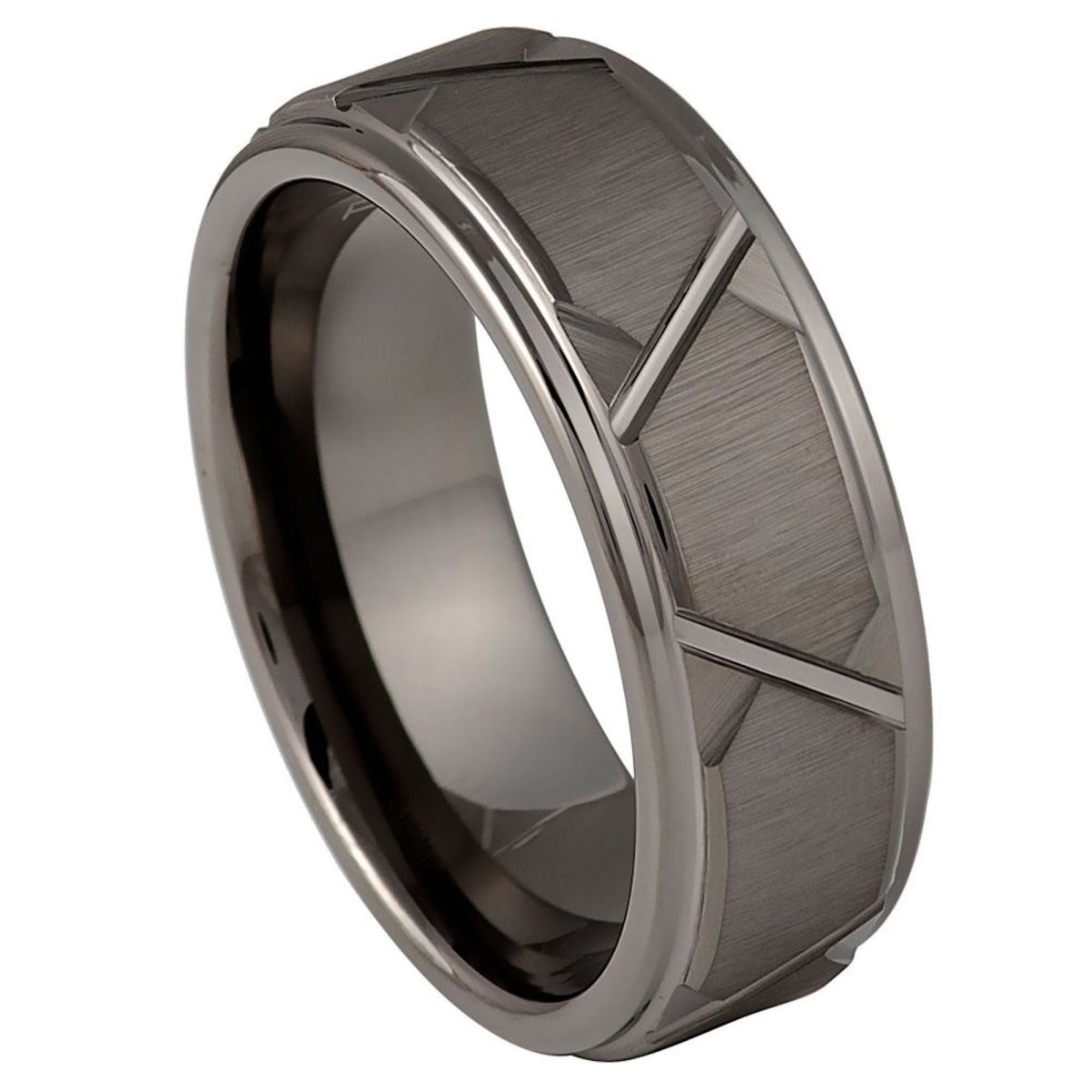 The Strata, a 8mm gray tungsten ring that has brushed trapezoids in the center with sleek polished beveled edges.