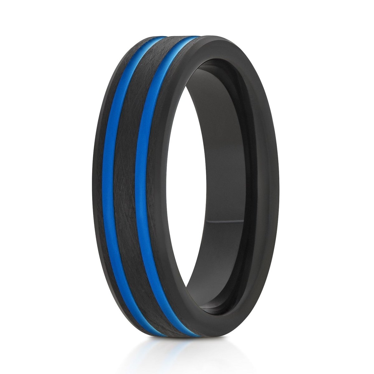 The Stratos, a 6mm black tungsten ring with a brushed finish with polished edges and 2 off center blue grooves.
