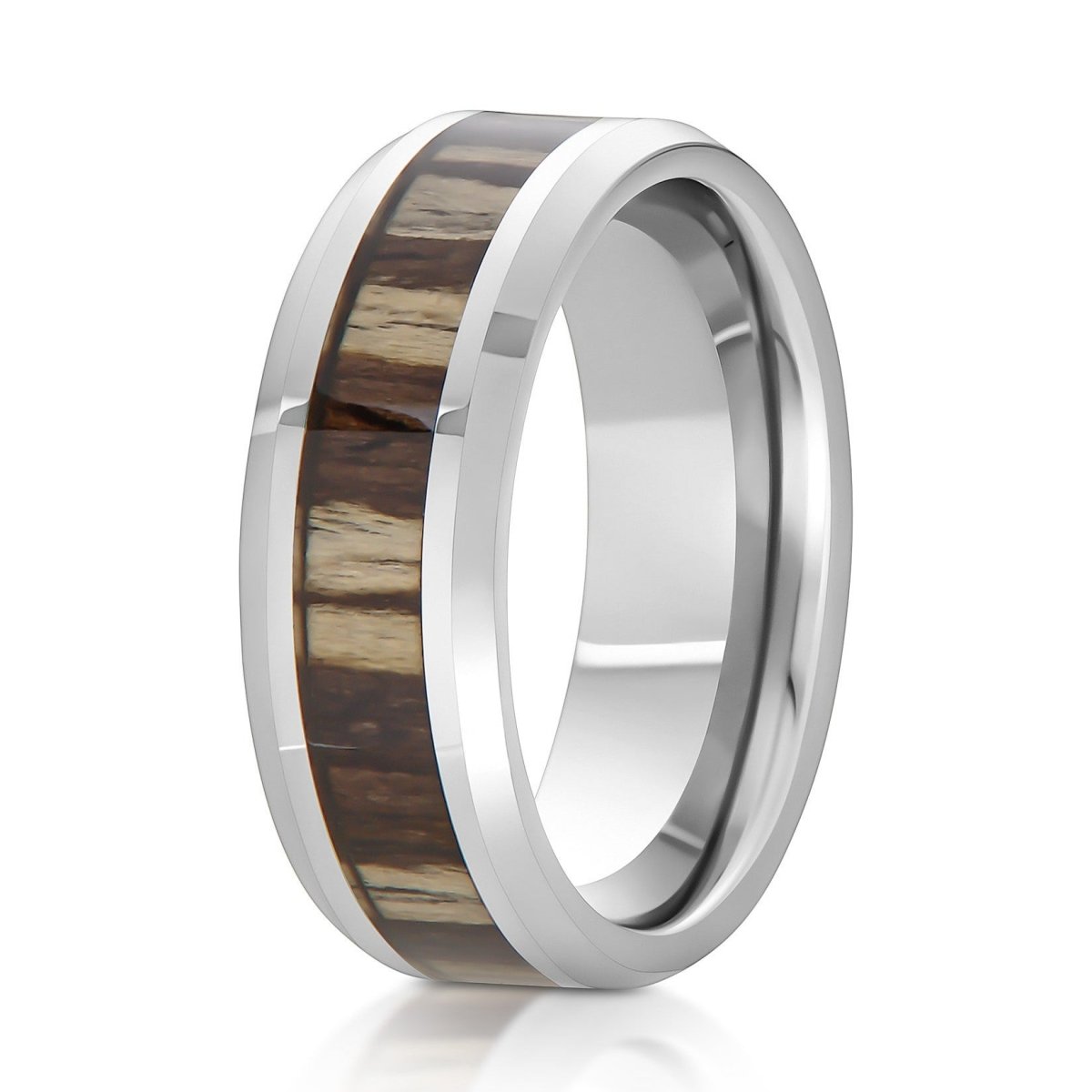 The Striwood, a 8mm silver tungsten ring with a polished finish and a zebra wood inlay.