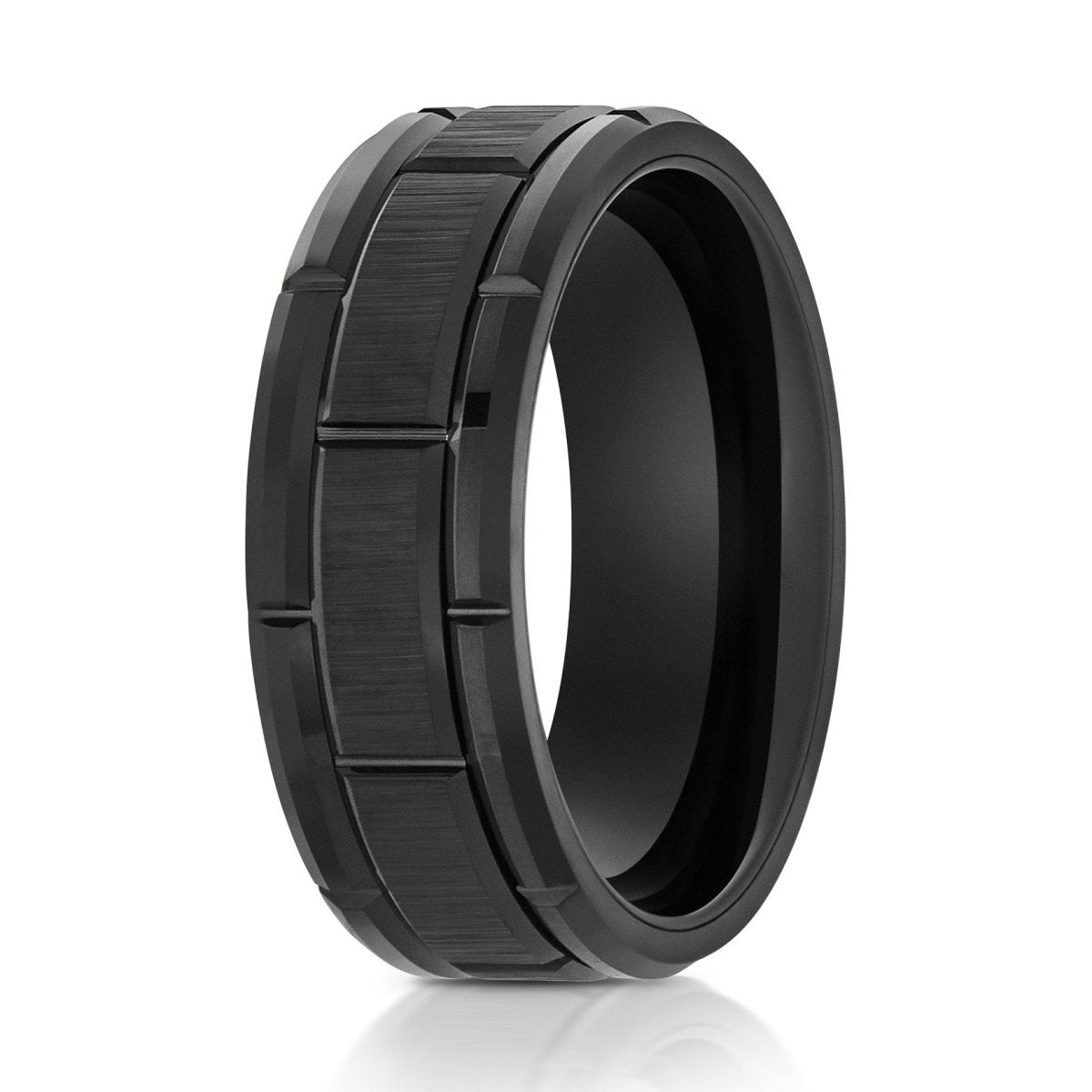 The Stronghold, a 8mm black tungsten ring with a brick pattern design in the center with polished edges.