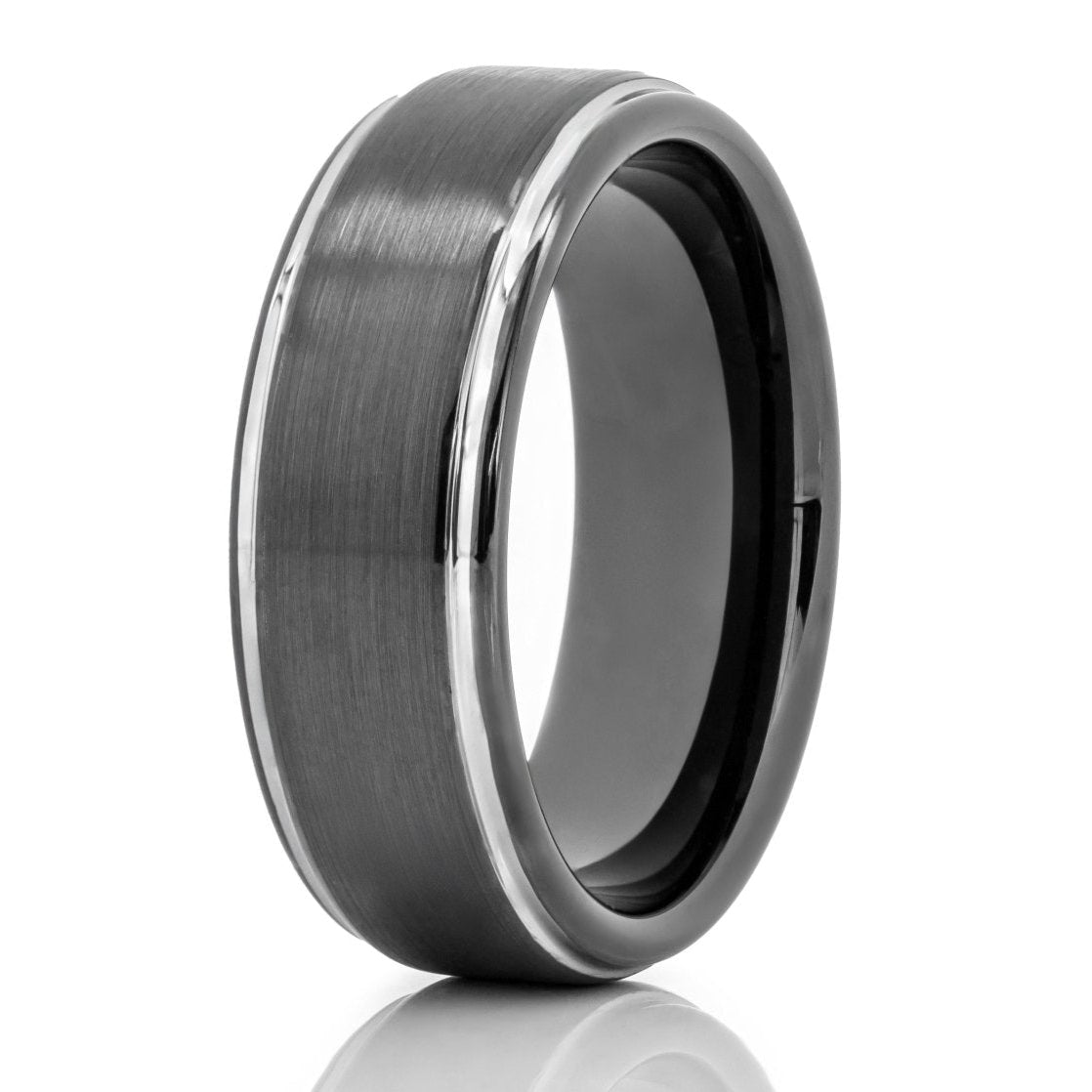The Summer, a 8mm black tungsten ring with a brushed center and silver polished stepped edge.