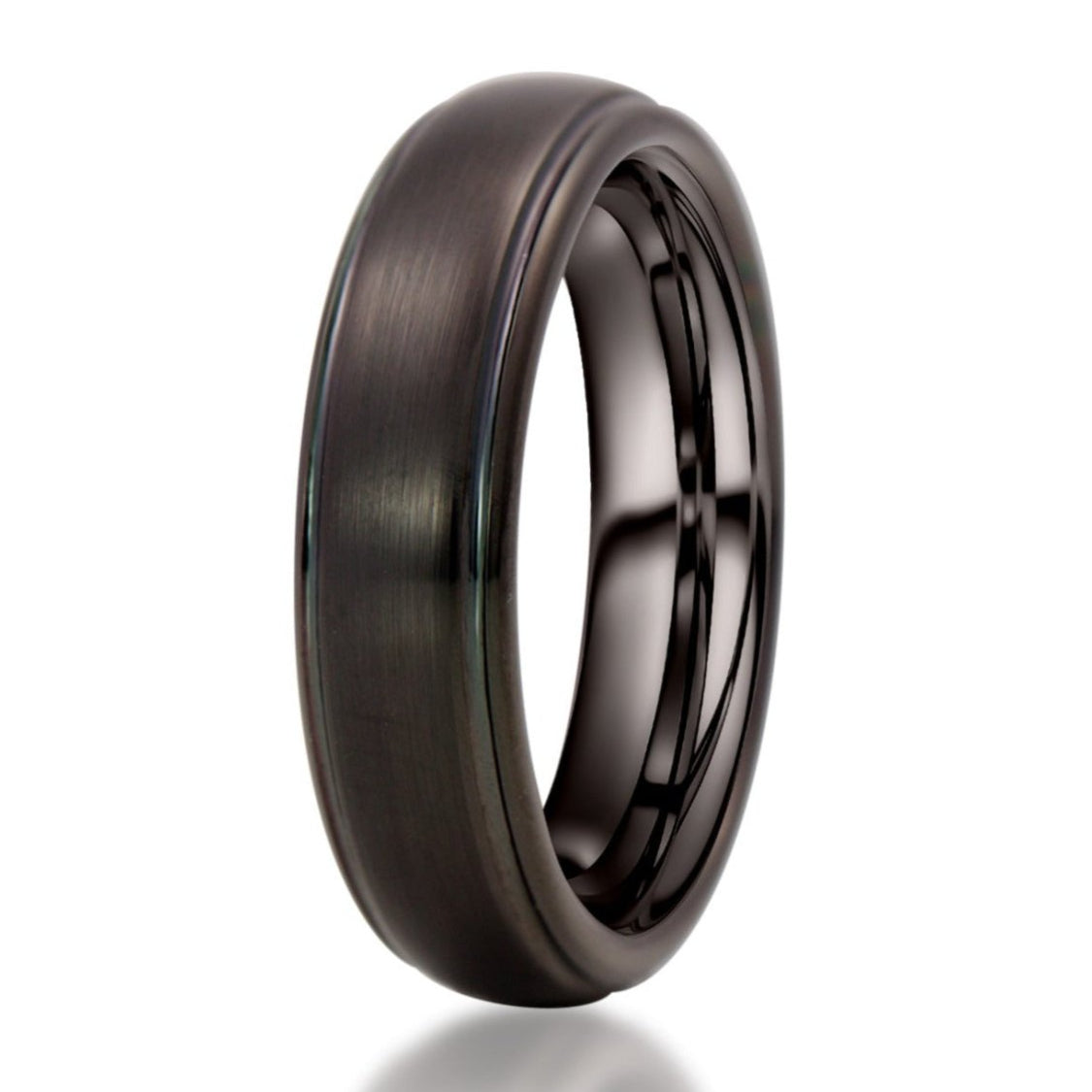The Sunset, a 6mm black tungsten carbide ring with a brushed center and polished edges.