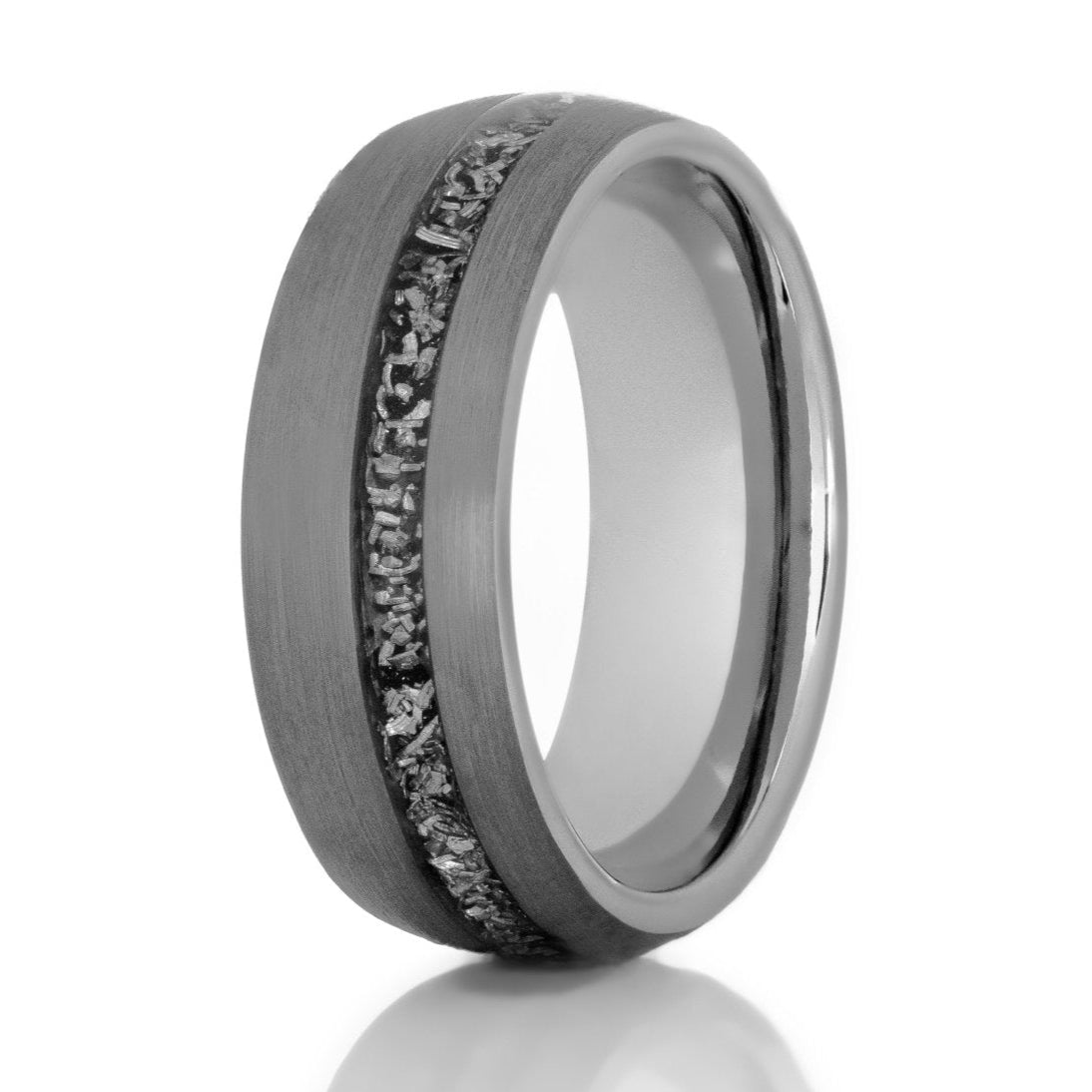 The Supernova, a 8mm gray tungsten carbide ring that features a domed design and a brushed finish with a meteorite inlay.